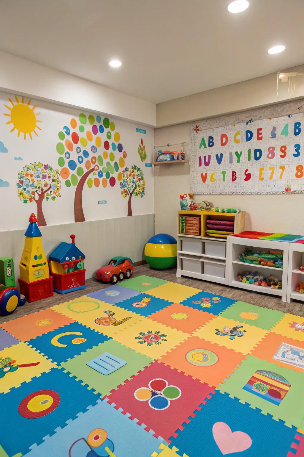 Entertaining and sturdy vinyl flooring in a children's playroom