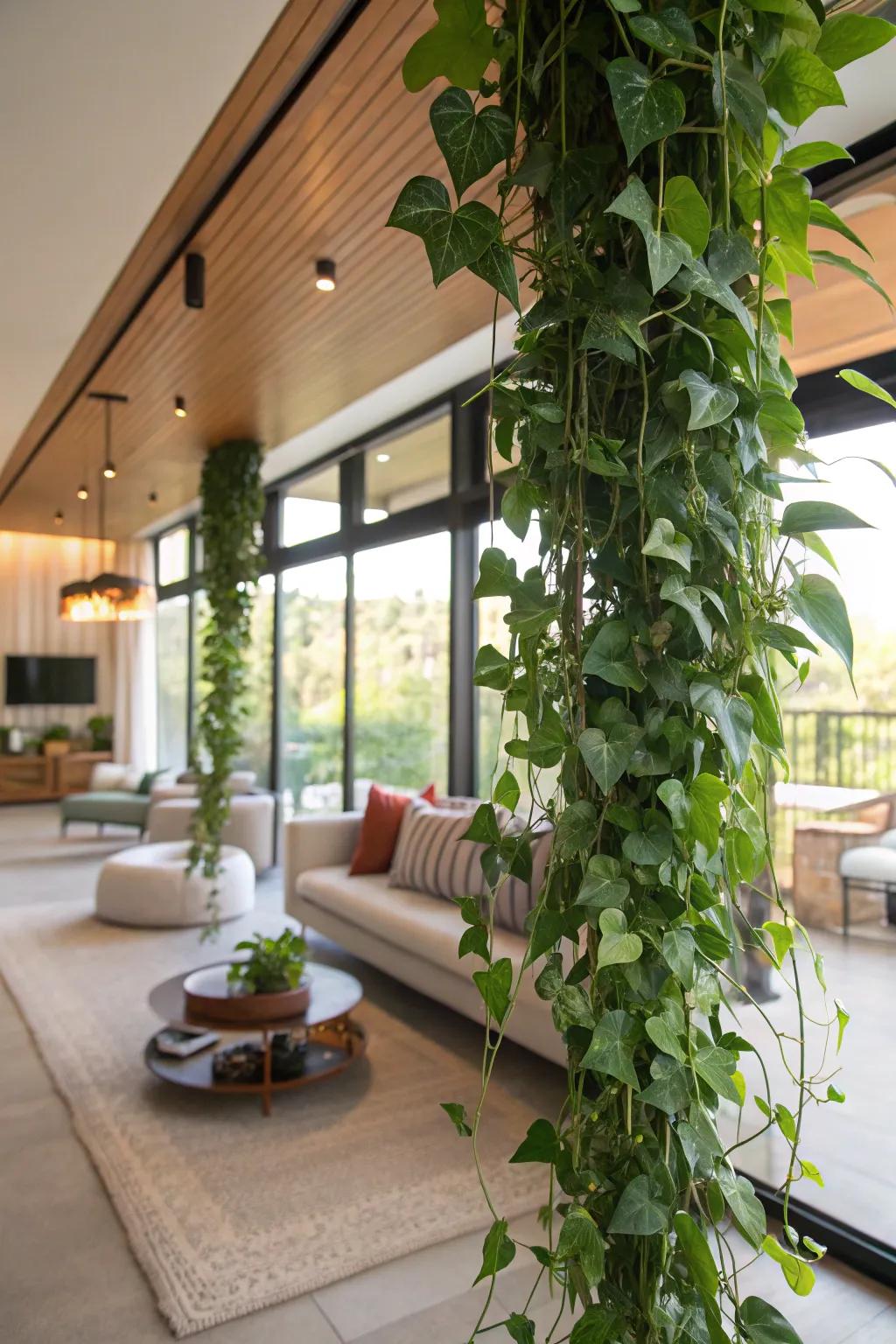 Define spaces with hanging plant dividers.