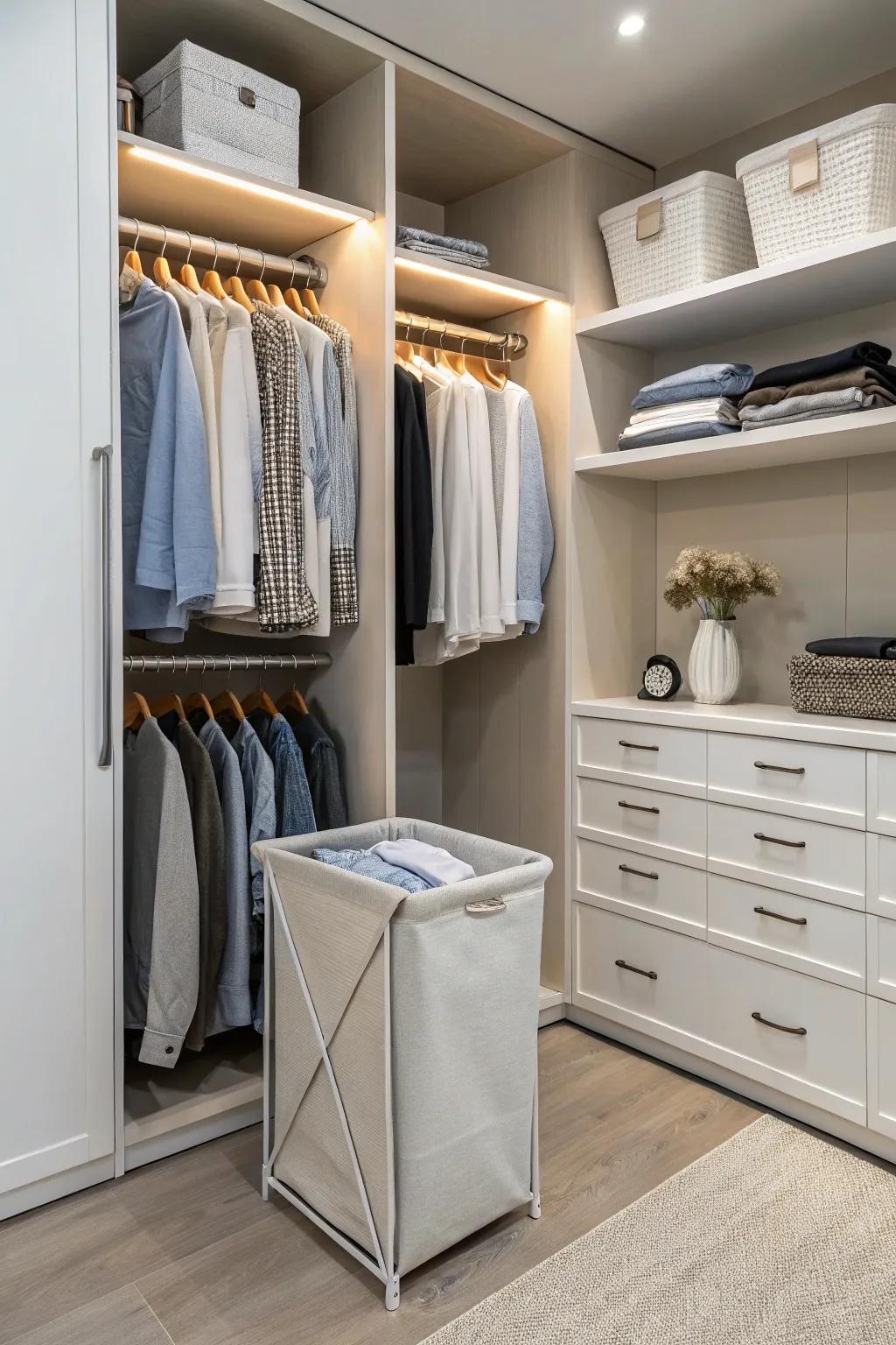 A closet with a hidden laundry hamper integrated into the design.