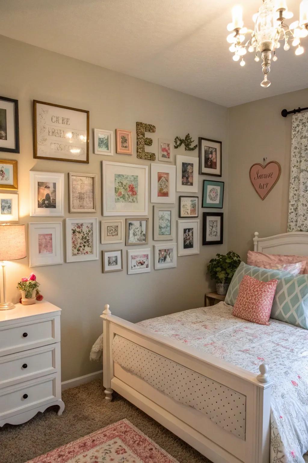 A display wall that narrates her unique narrative through artwork and images.