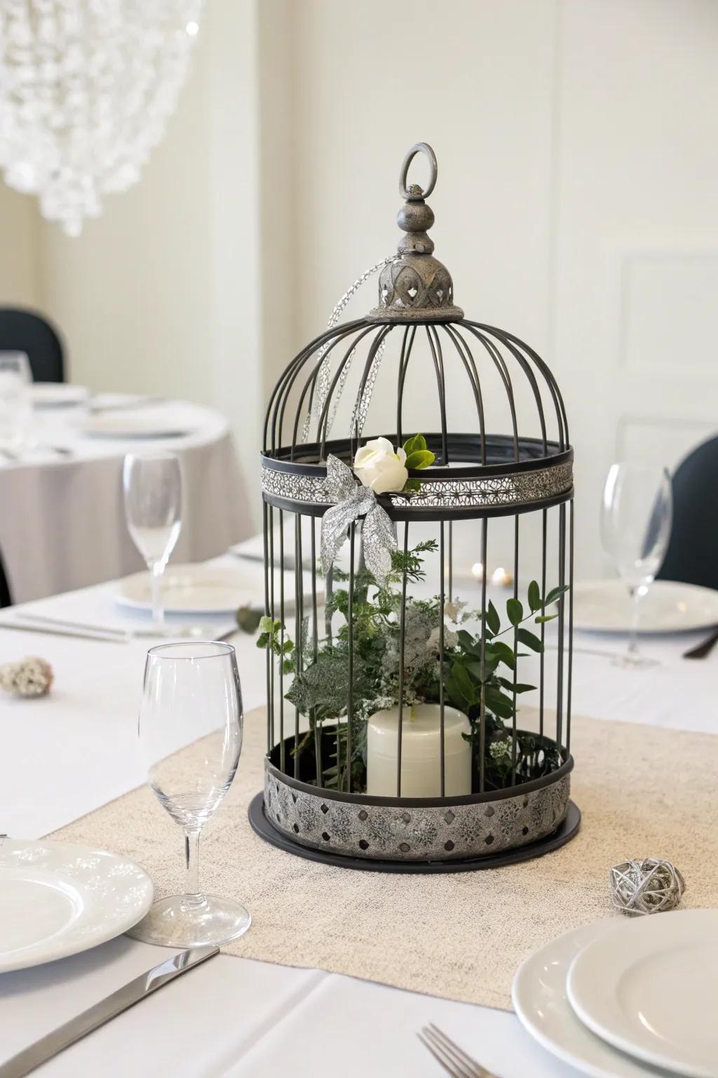 A bold and modern cage centerpiece that showcases a streamlined configuration.
