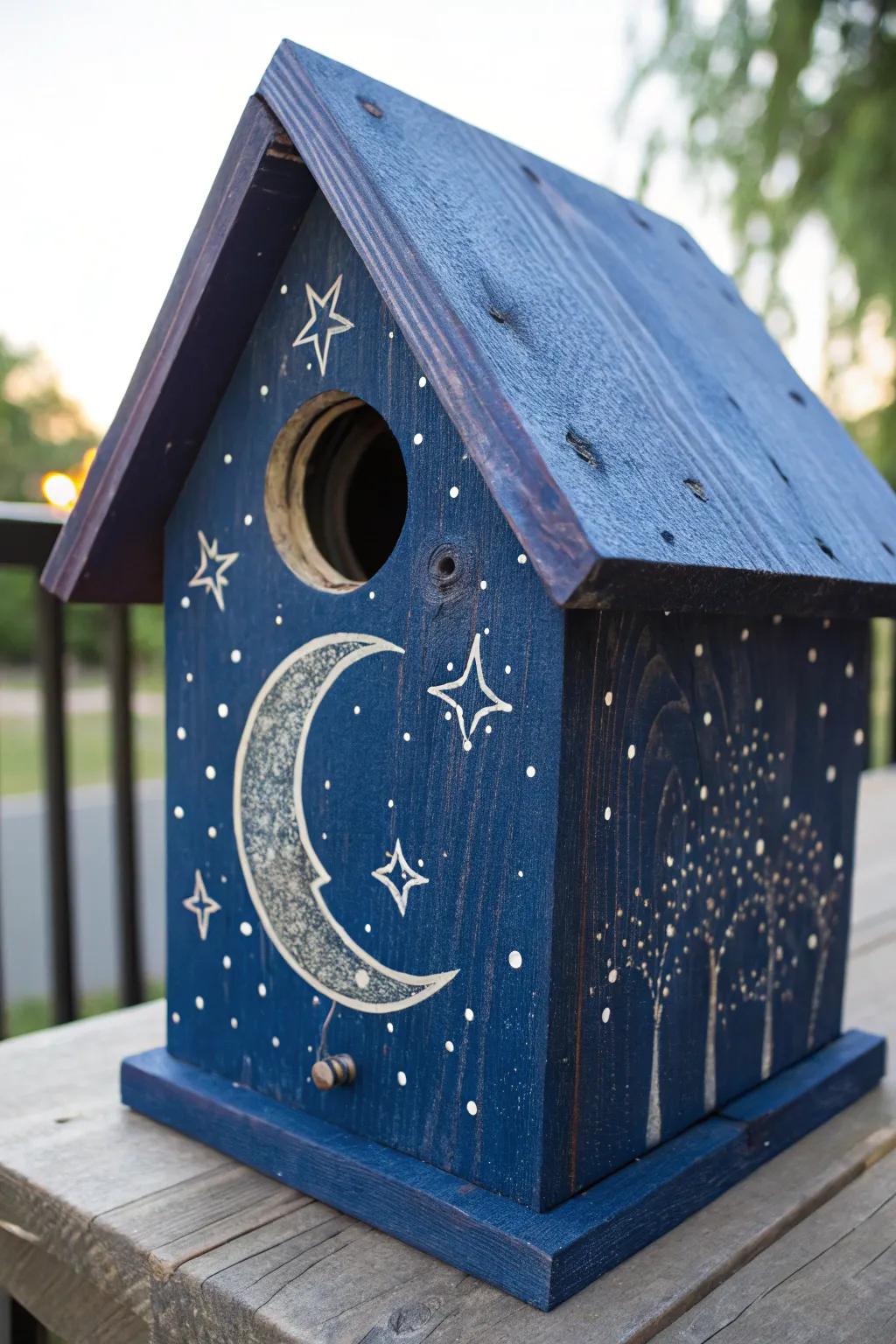 Bring the enchantment of a starry night to your garden with this beautifully painted birdhouse.
