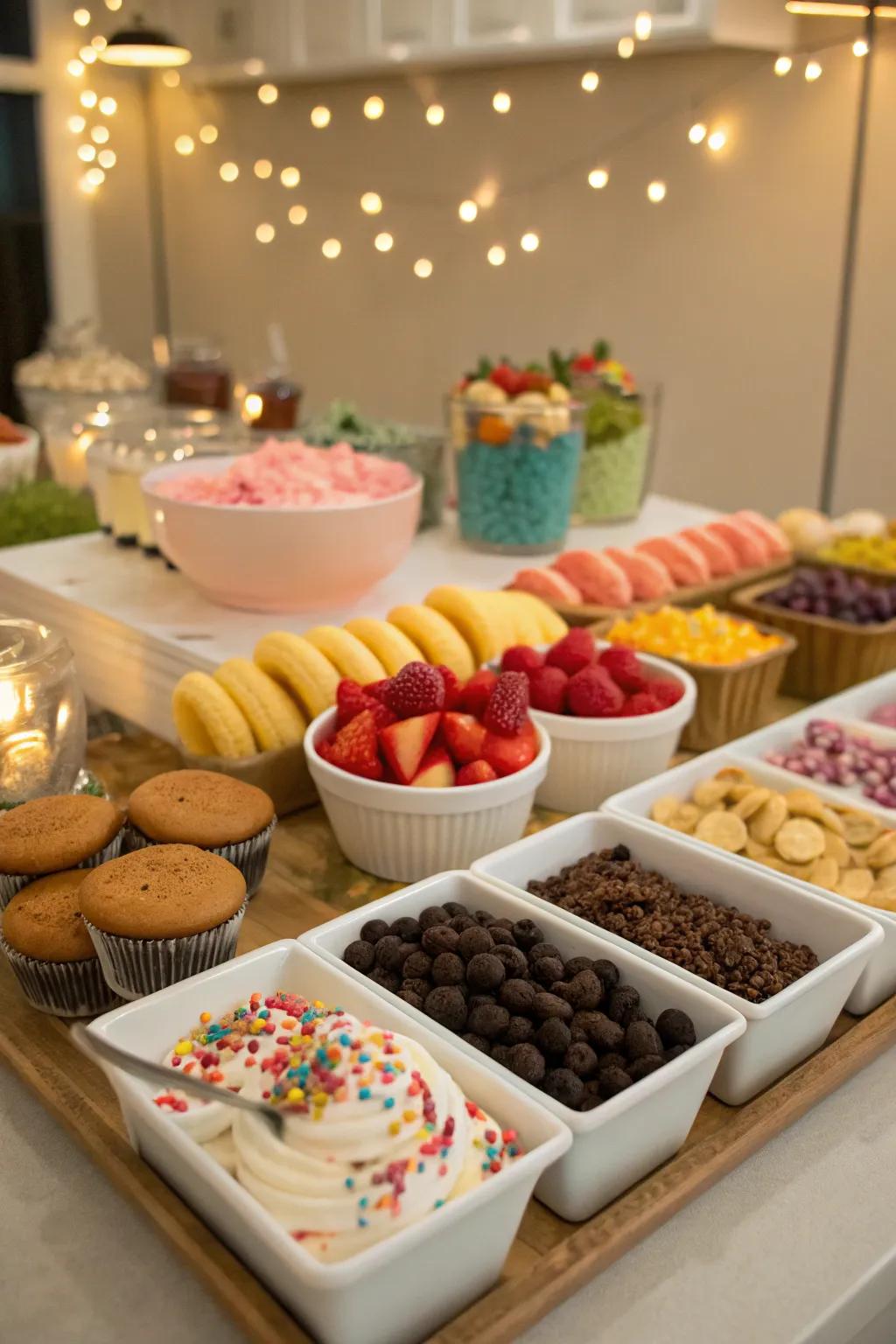 A DIY dessert station features a delightful range of toppings and sweets.