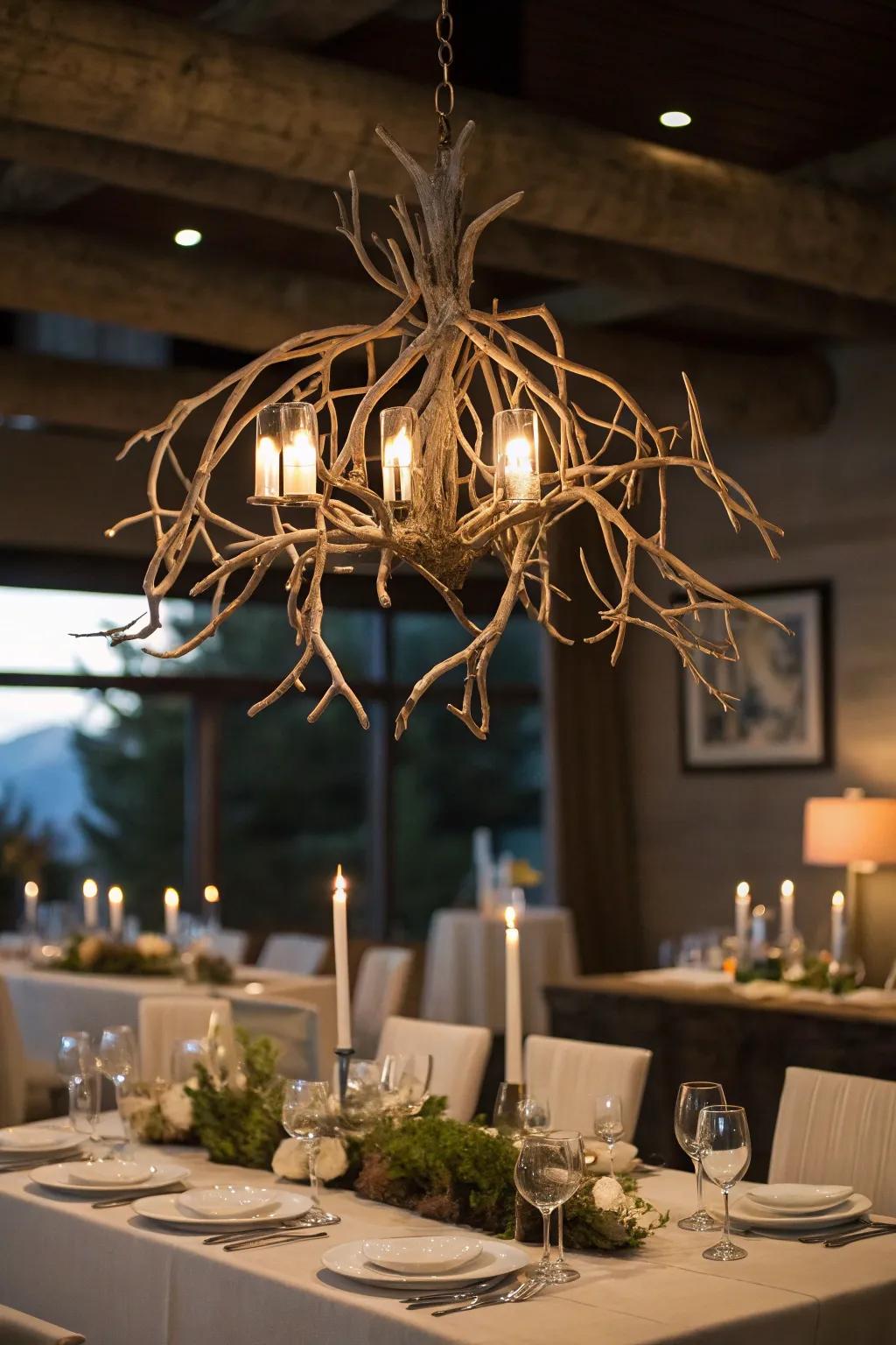 A suspended branch chandelier contributes spectacle and refinement above.