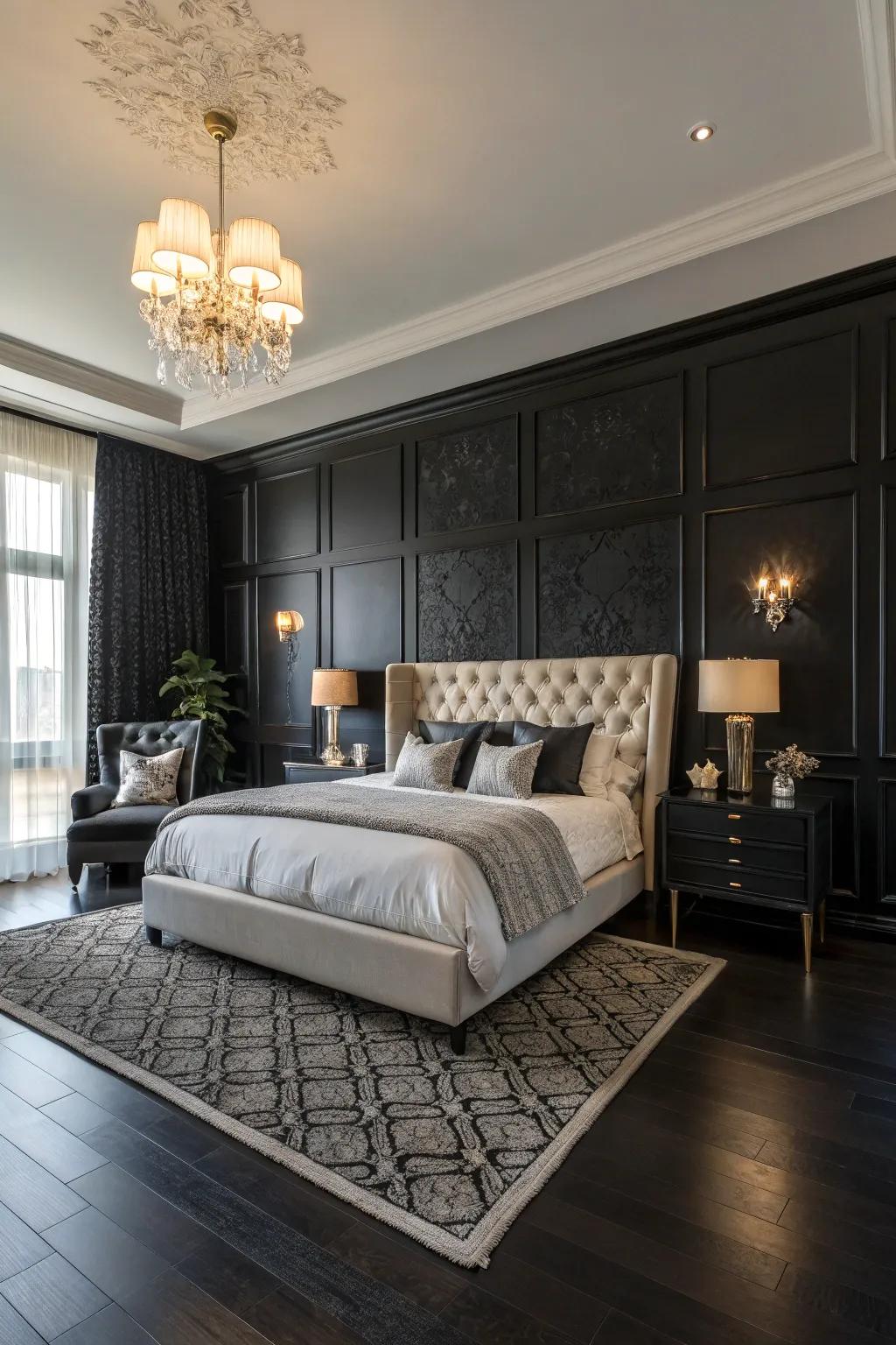 Black flooring enhances the drama of a black statement wall within this bedroom.
