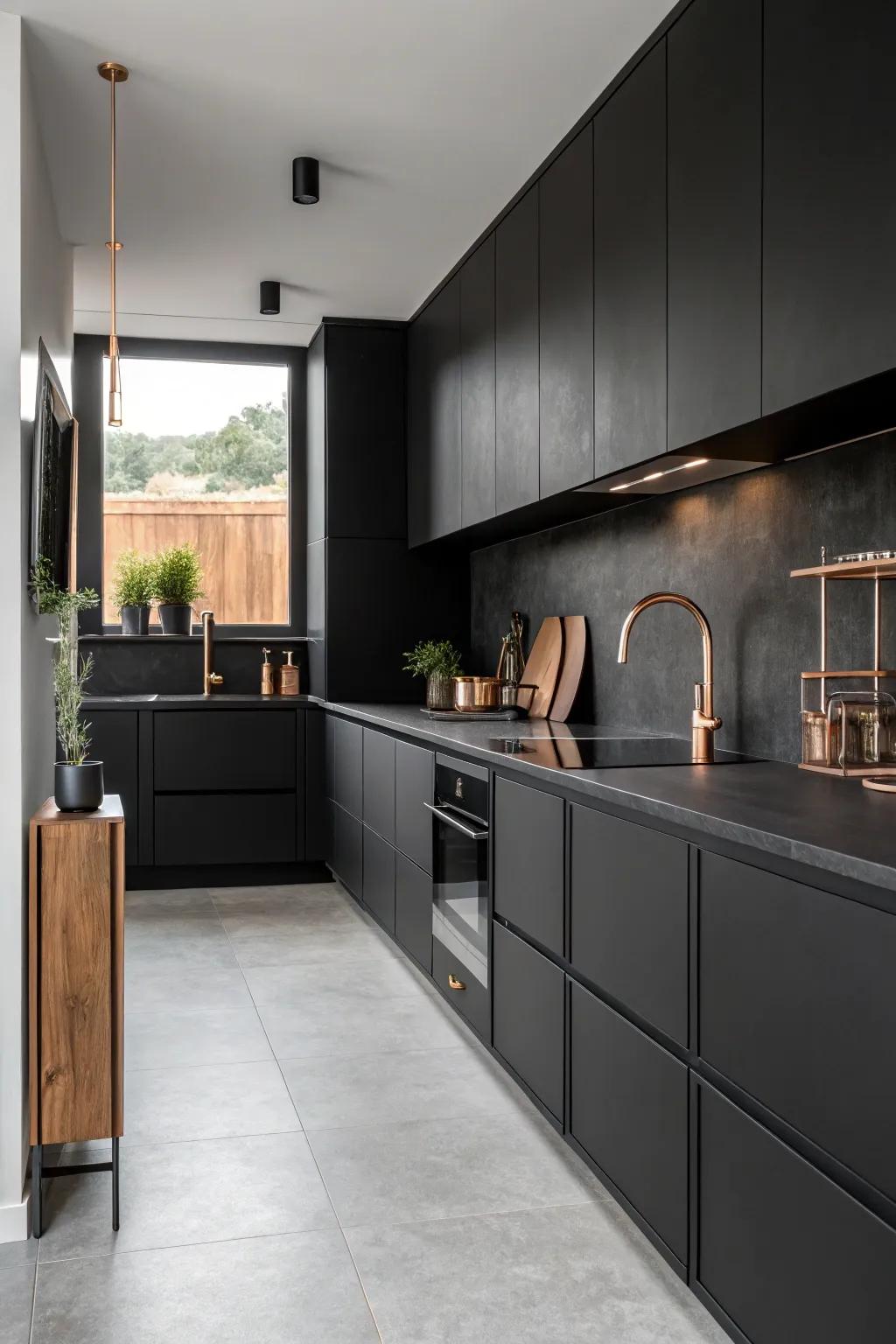 Minimalist design infused with copper accents fashions a refined, modern kitchen.