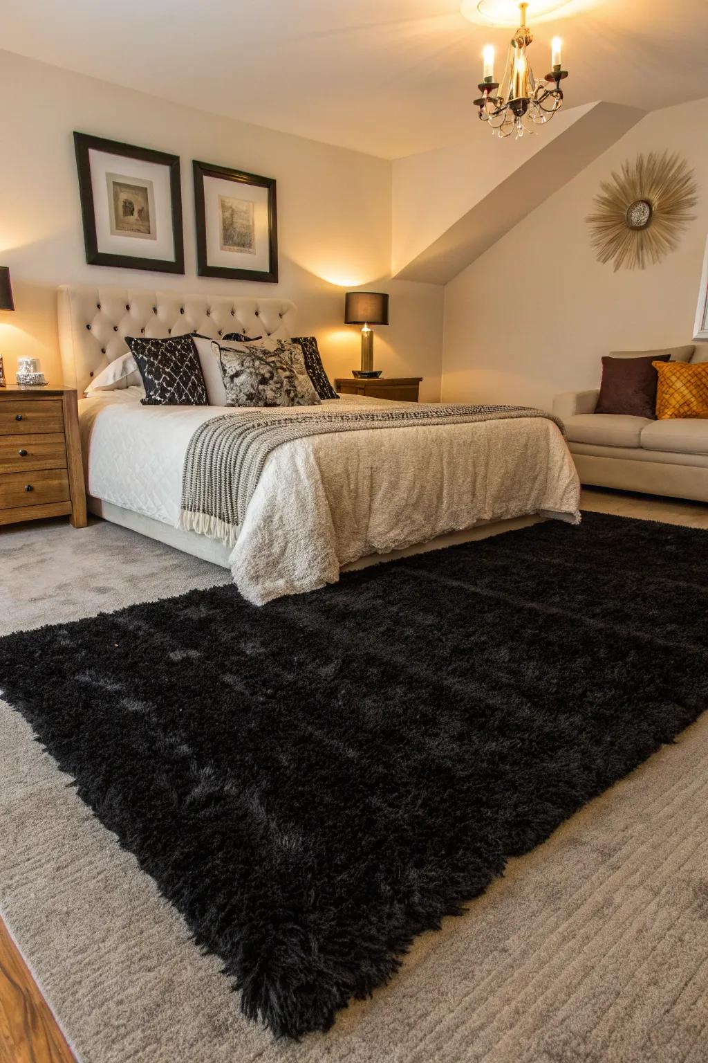 A bedroom with a lavish black rug adding warmth.