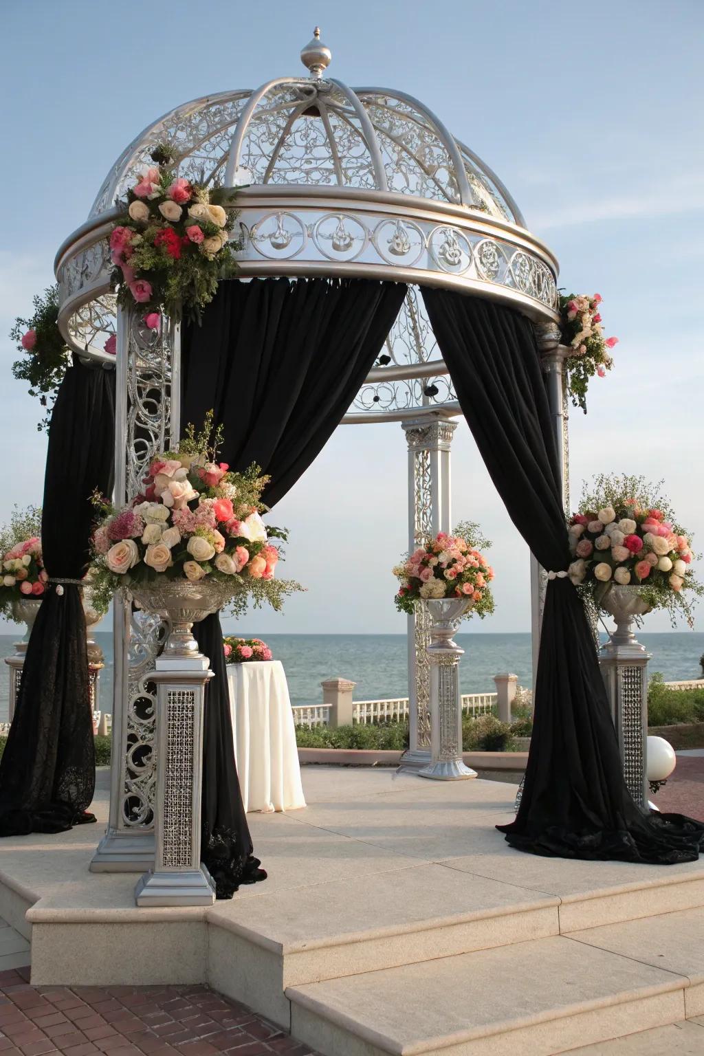 A distinctive ceremony archway blending shadow and shimmer.
