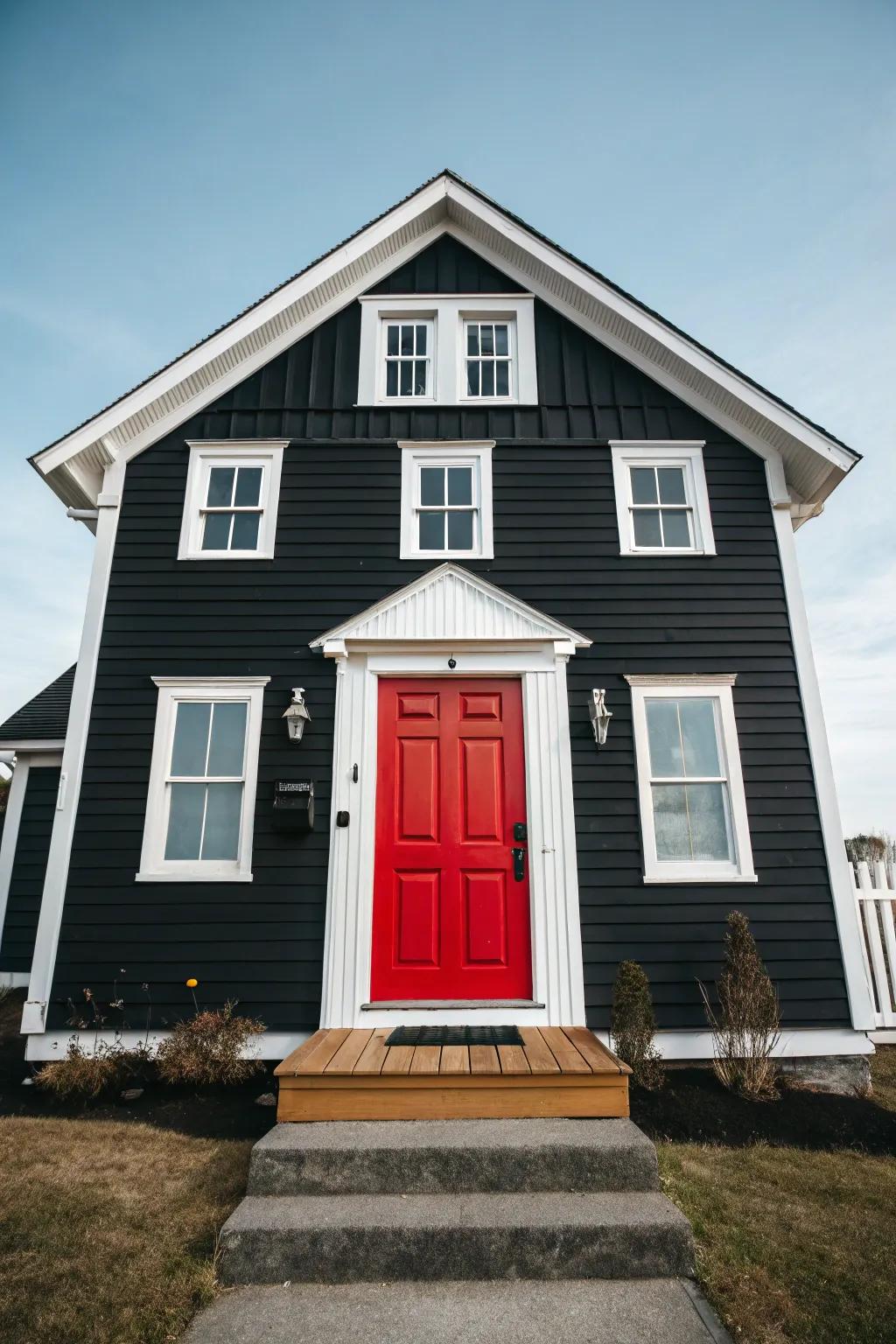 A bold entrance portal adds a striking contrast to this exterior.