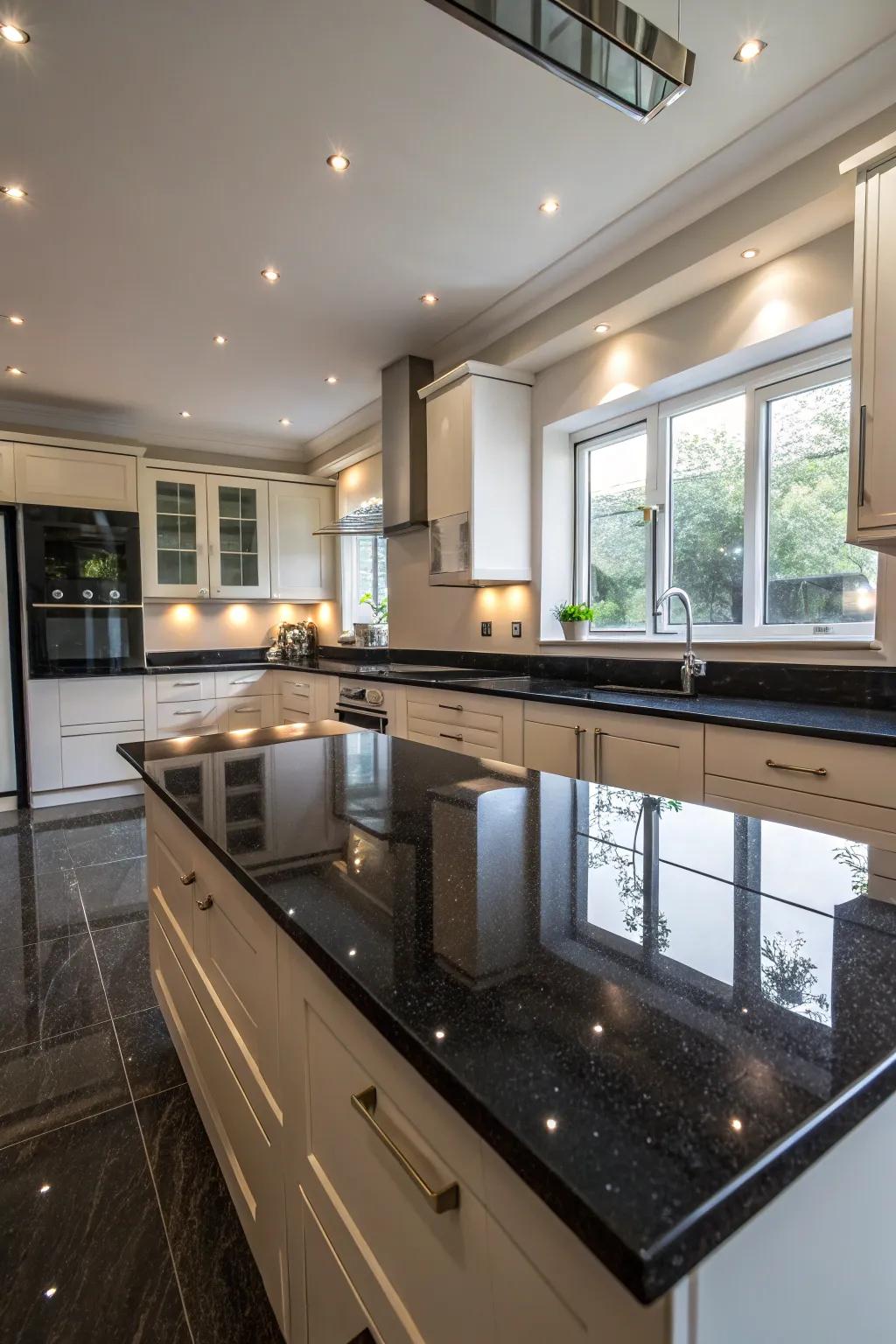 Reflective facades brighten up ebony countertops.