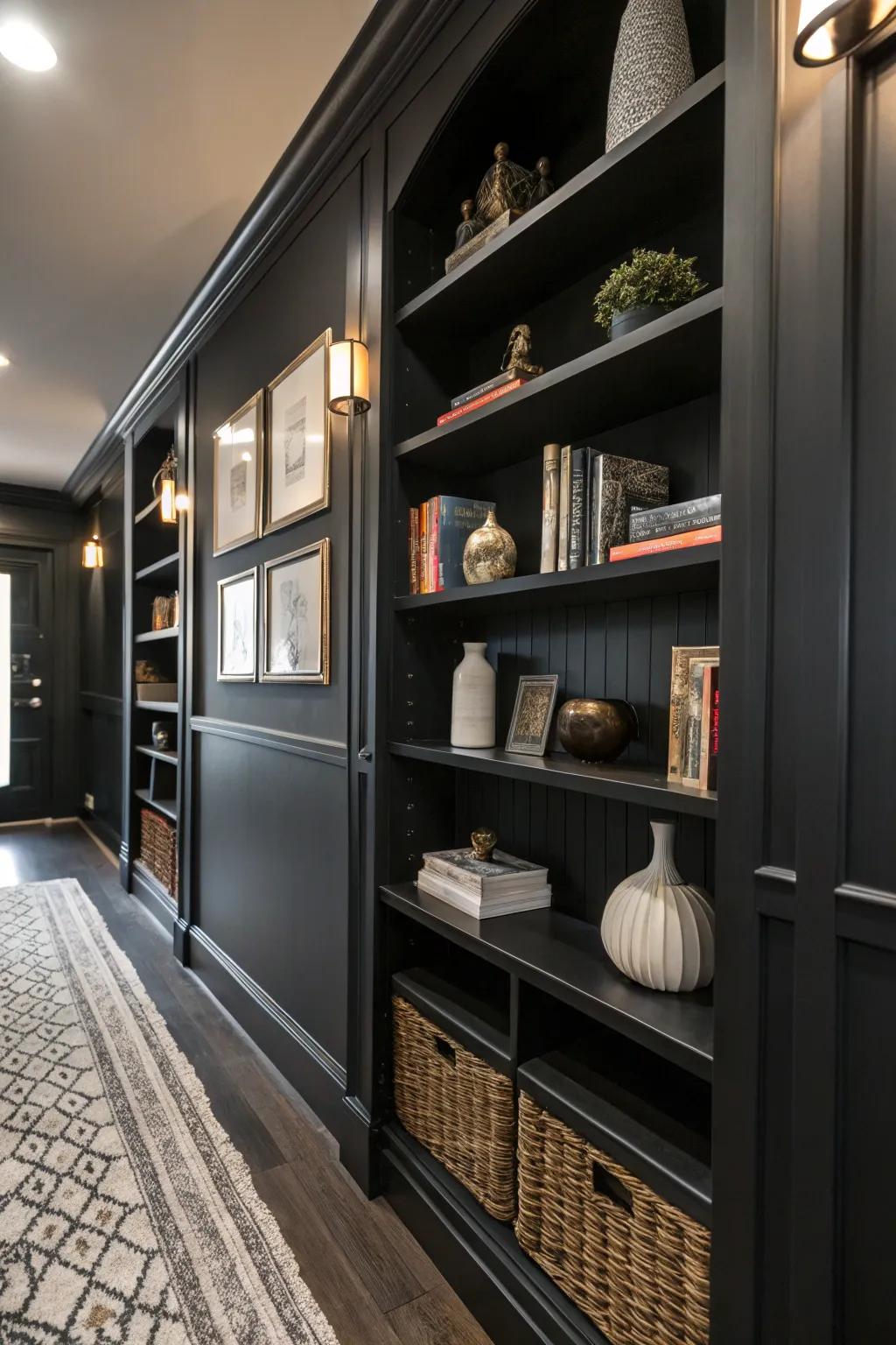 Thoughtful shelving combines function and style inside a dark entryway.