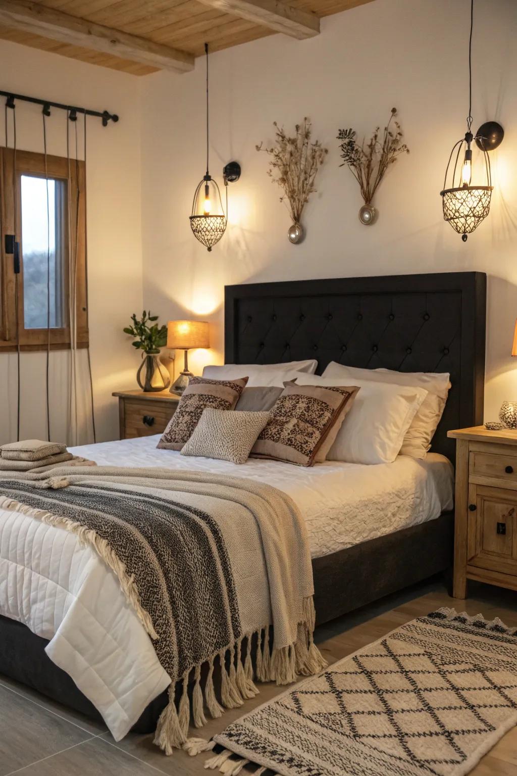 Inviting bedroom featuring soft bedding and a dark headboard