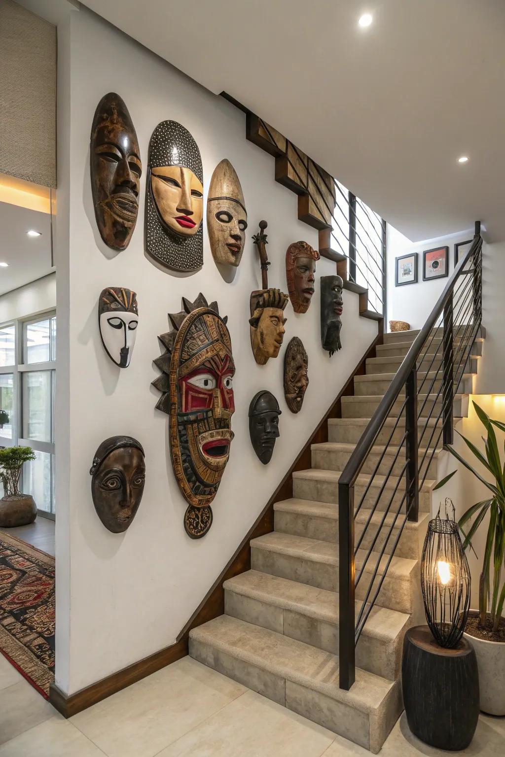 A collection of African masks turns walls into cultural displays.