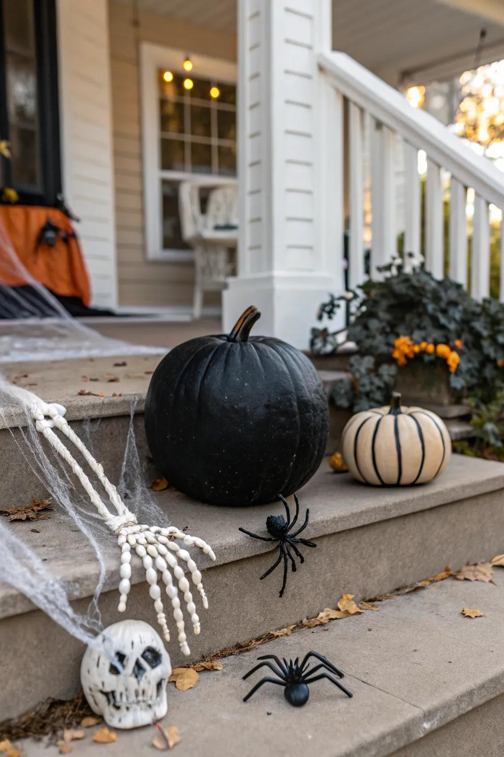 A black pumpkin with skeleton hands and spiders, creating a spooky entrance.