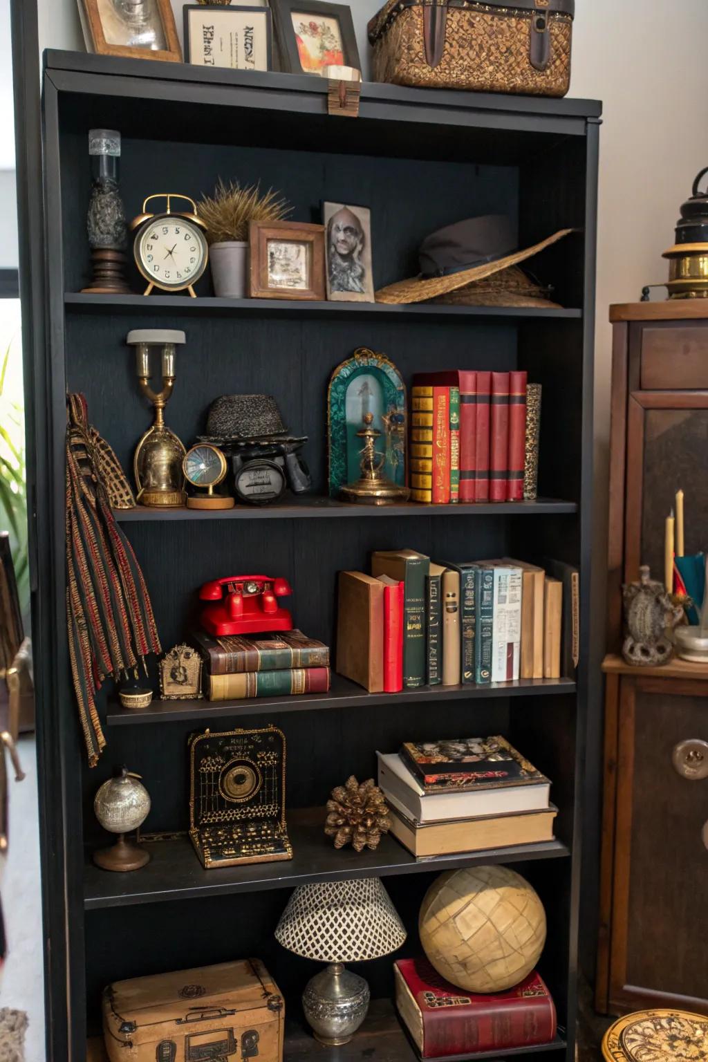 A varied blend of design elements fashioning a customized display on a dark shelf.