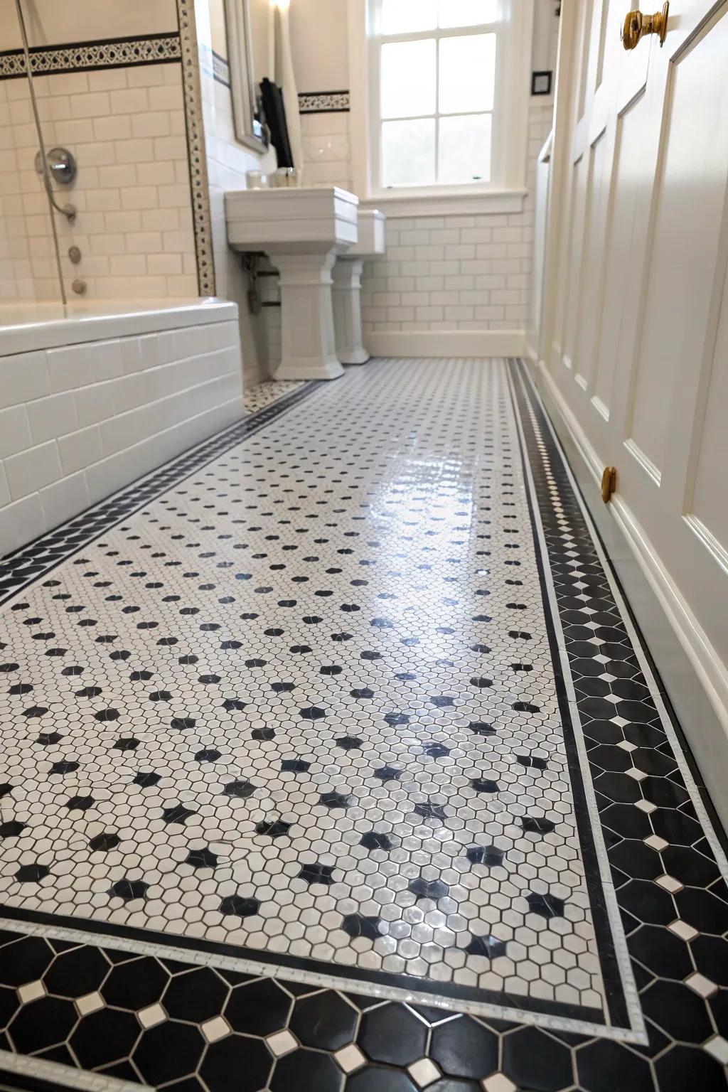 Dark dot boards add a playful, retro touch to the bathroom floor.