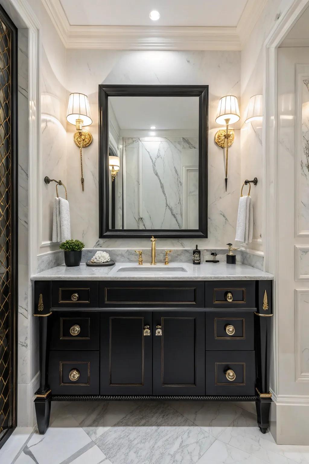 Stone details paired with a dark sink console create an atmosphere of opulence.