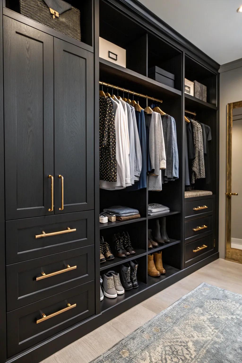 Metallic accents elevate the luxurious sensation of this walk-in closet.