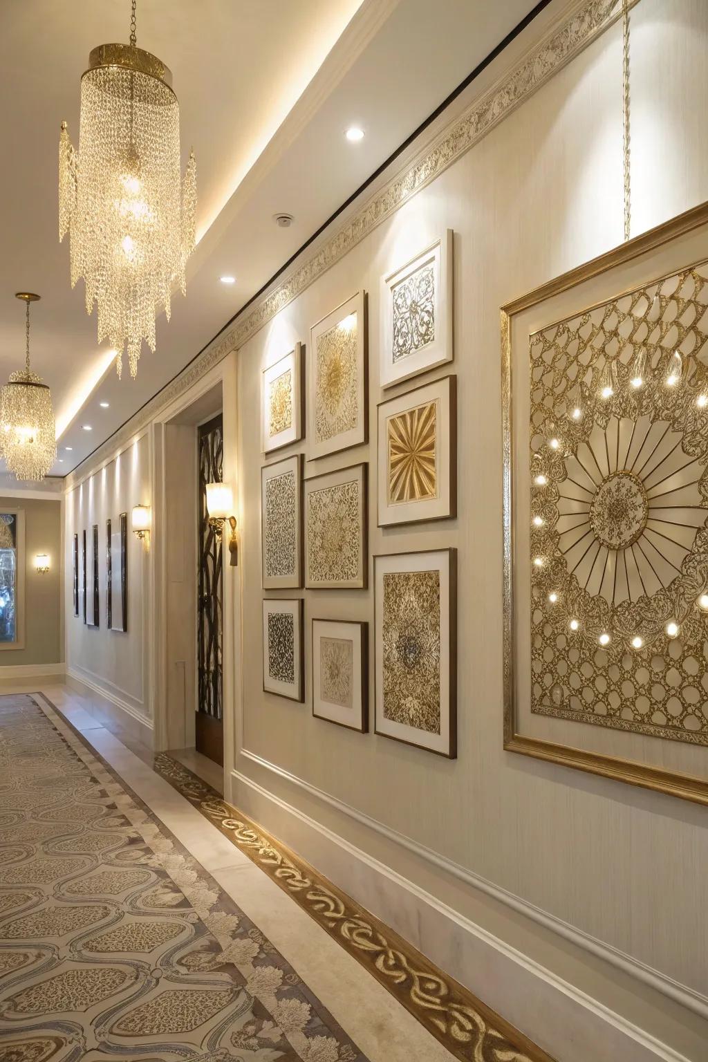 Wall art shimmers and elevates.