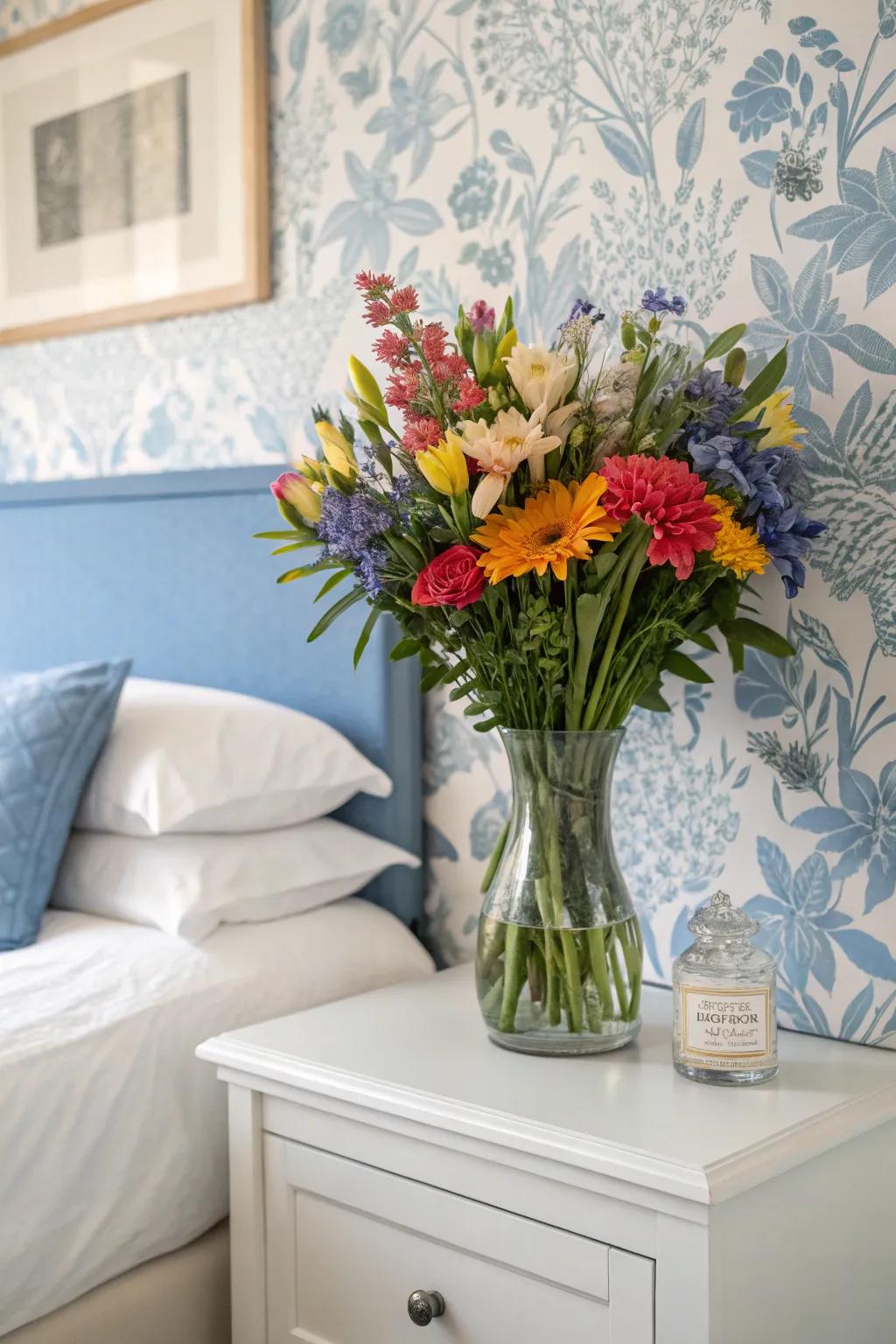 Fresh blossoms add a simple yet elegant touch to a bedroom.