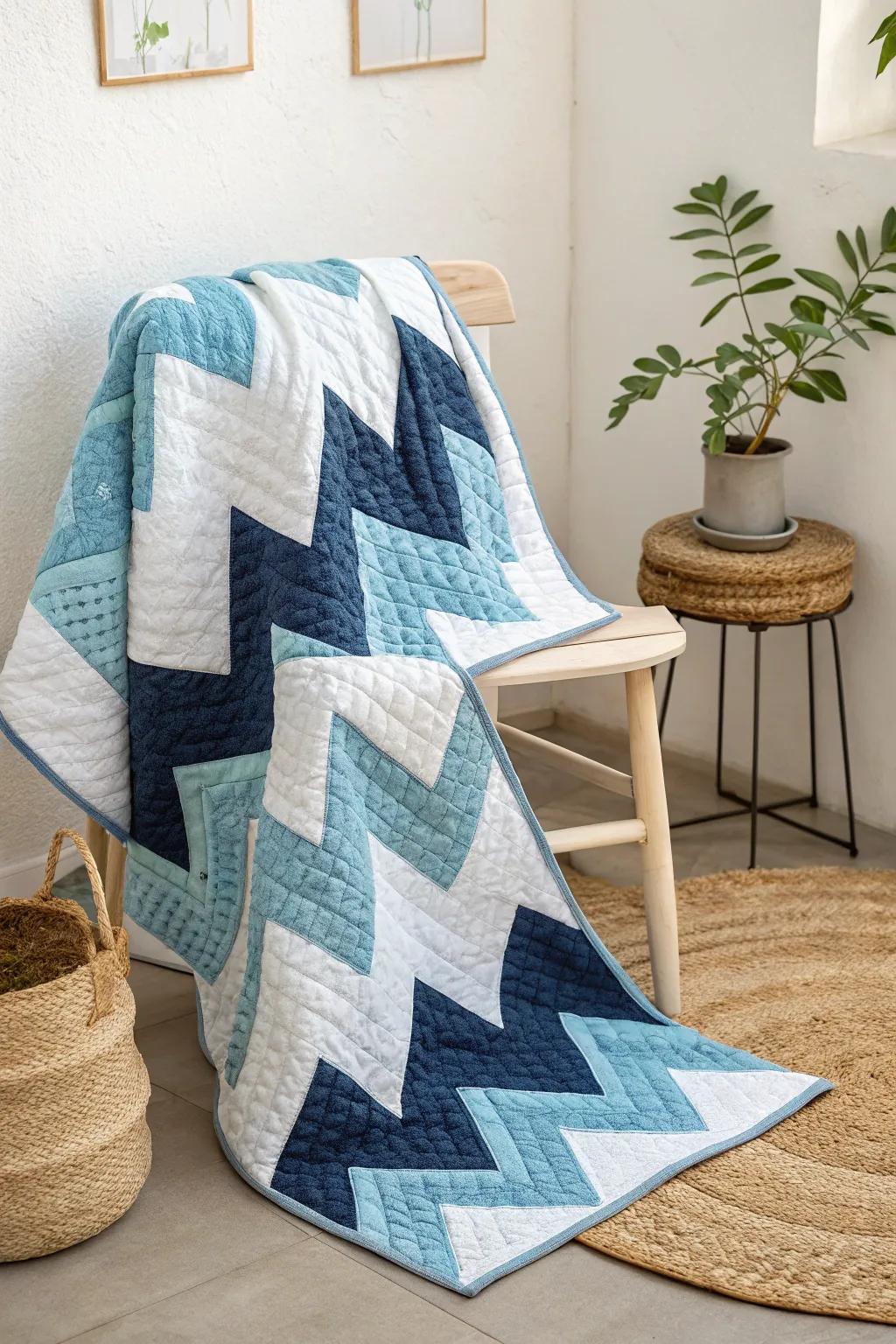 Plunge into a realm of blue hues through this striking angular quilt&mdash;ideal for bringing vitality and elegance to any setting.