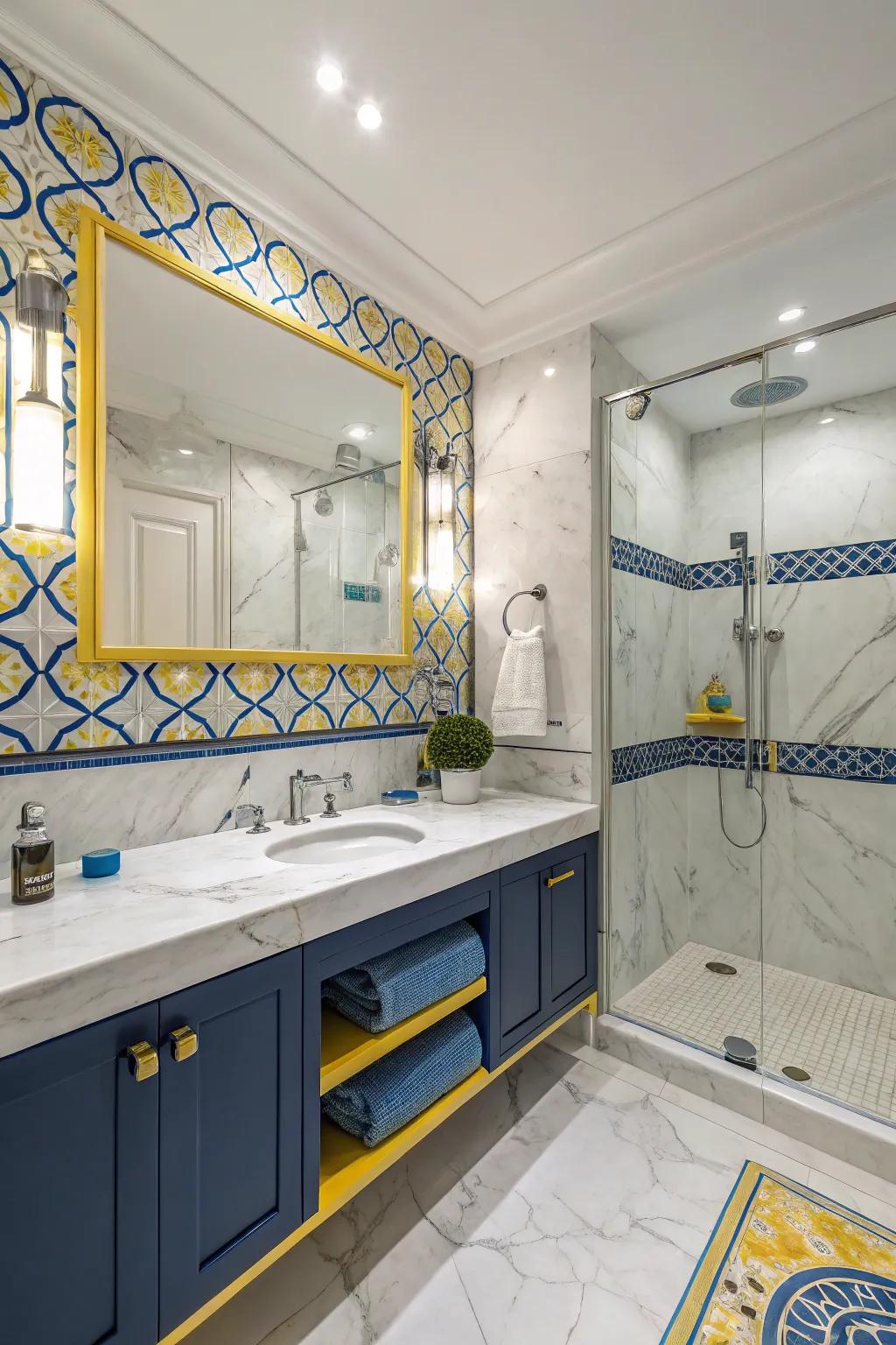 Marble adds a touch of luxury to a vibrant blue and yellow bathroom.