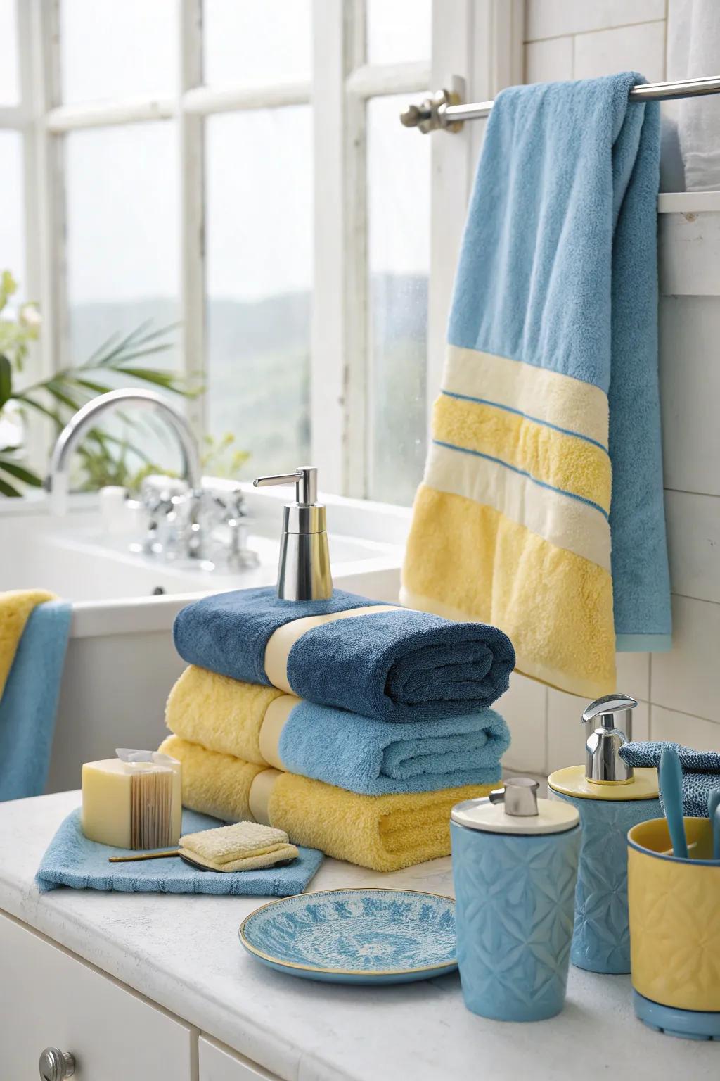 A bathroom enhanced with sea and lemon towels for a spa-like feel.