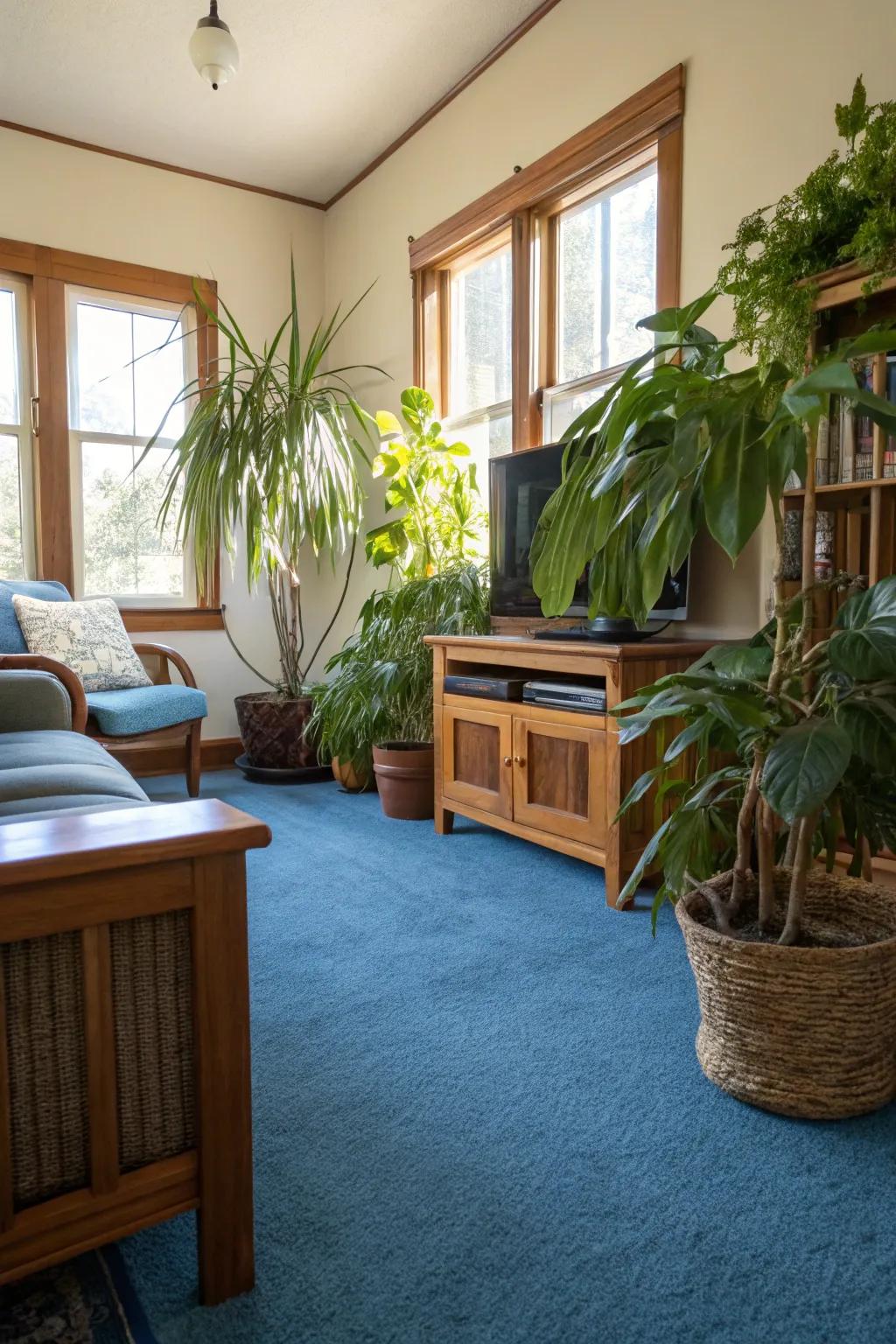 Indoor flora appends vibrancy and contrast to a living room with blue carpet.