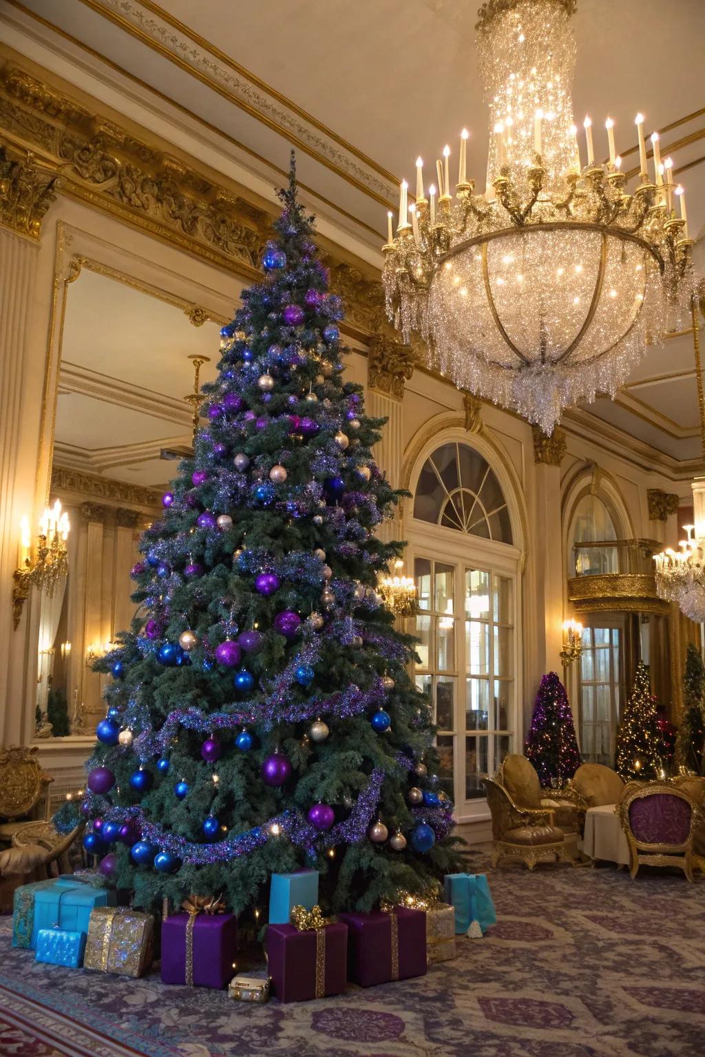 A royal and luxurious blue and purple Christmas tree.
