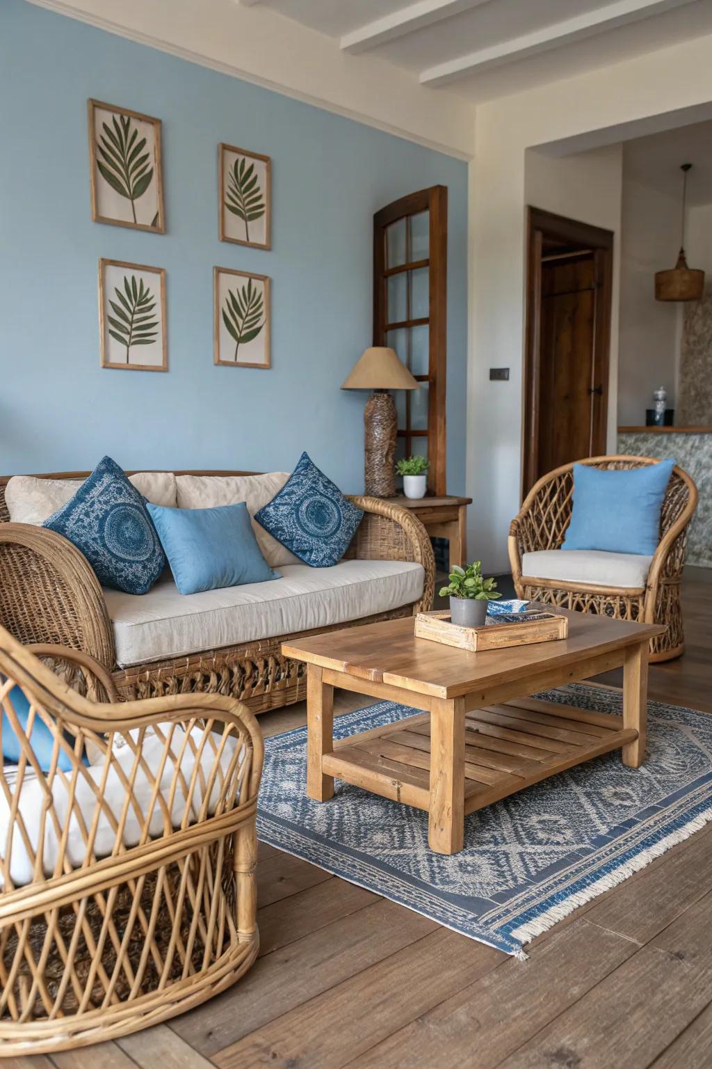 A harmonious blend of azure decor and raw textures.