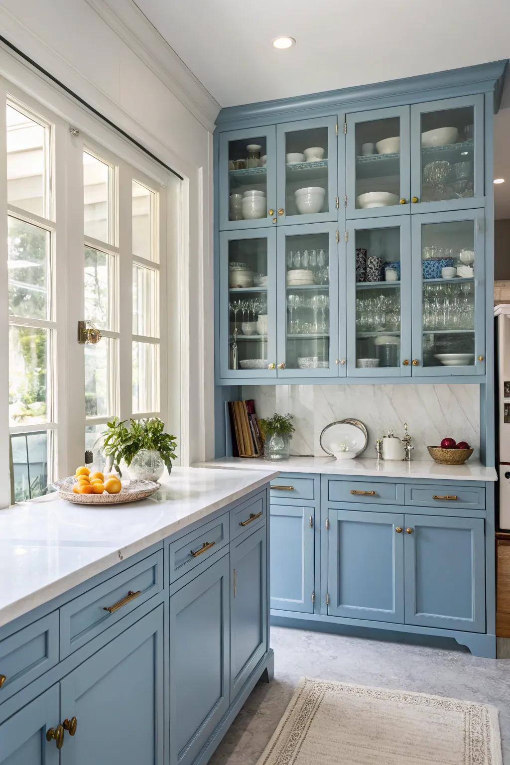 Elegant glass fronted azure cupboards display favorite dishware.