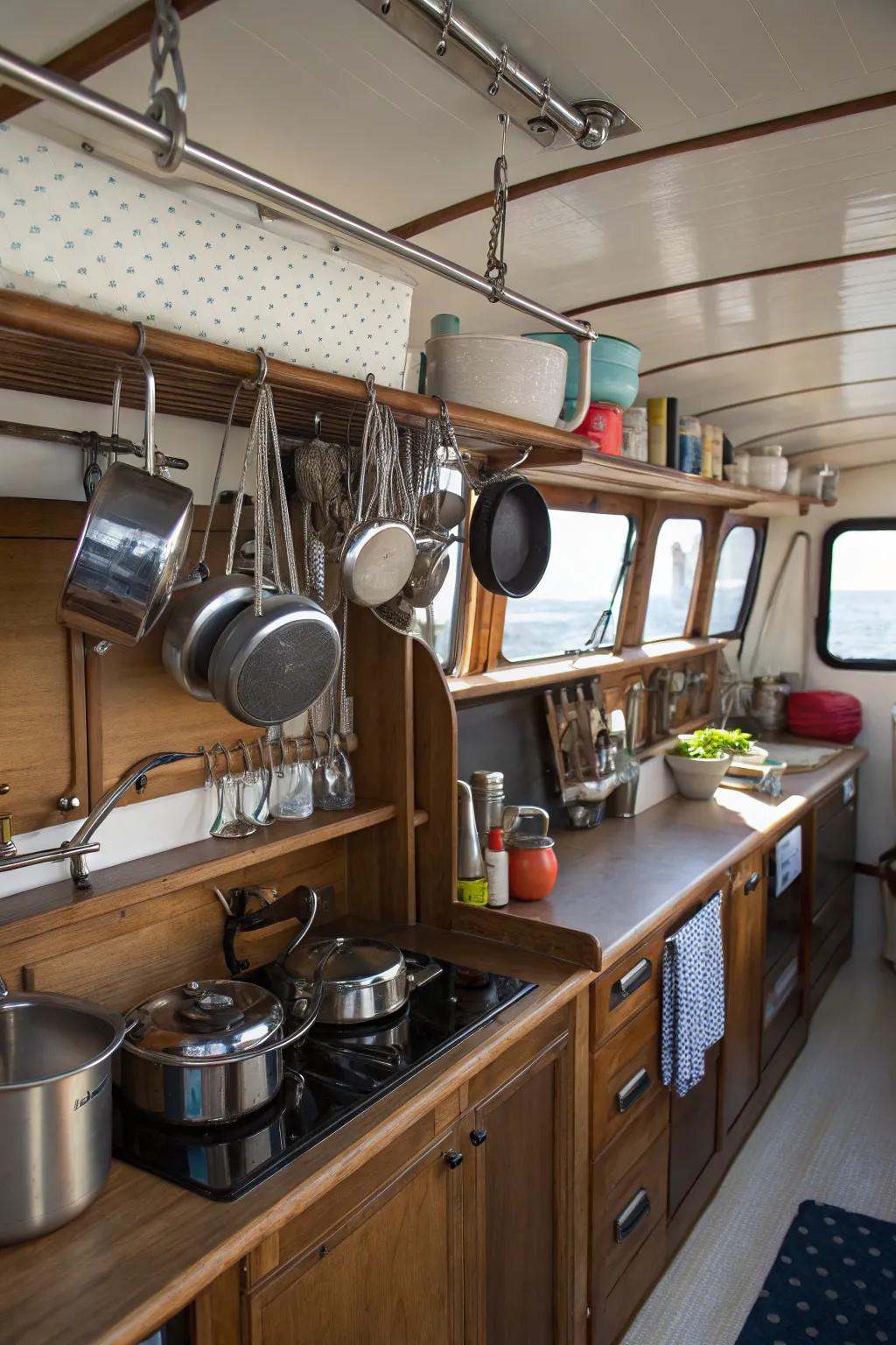 Suspended shelving located in a boat's galley.