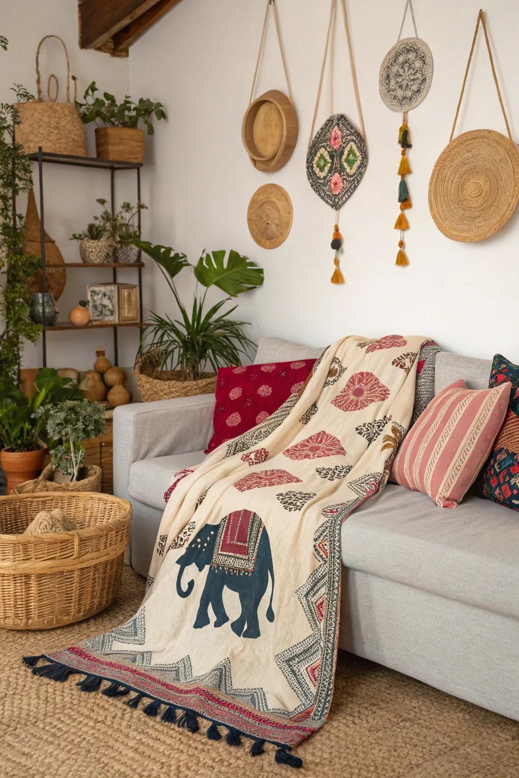 Whimsical animal designs add character to a bohemian space.