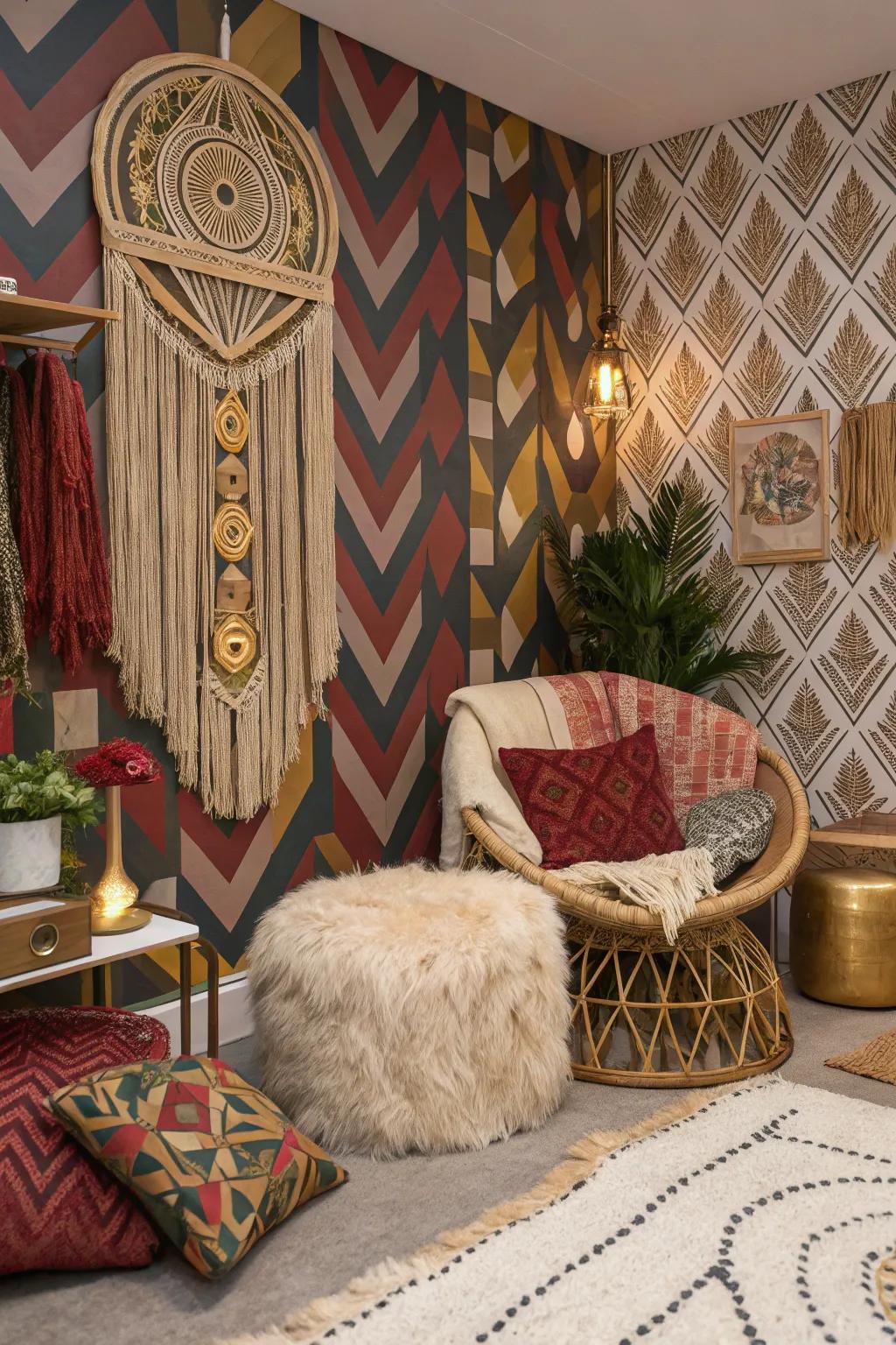 Strong papering adds drama and flair to the boho glam design.