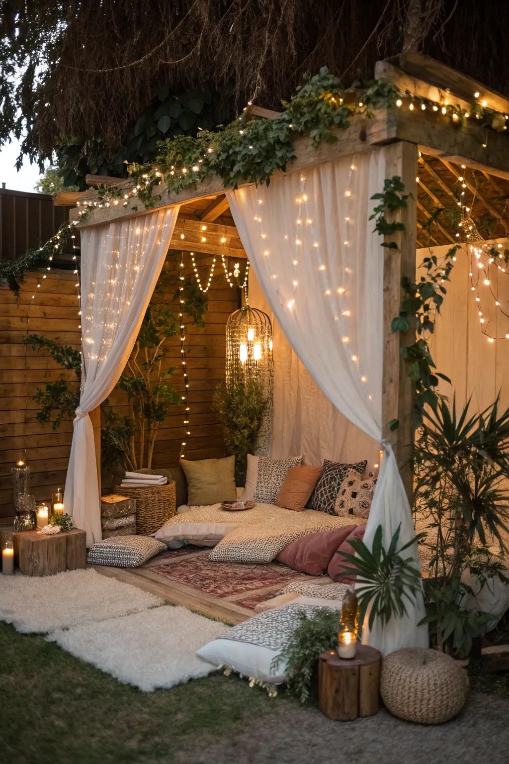Magical sparkling lights create a magical ambiance in a bohemian alcove.