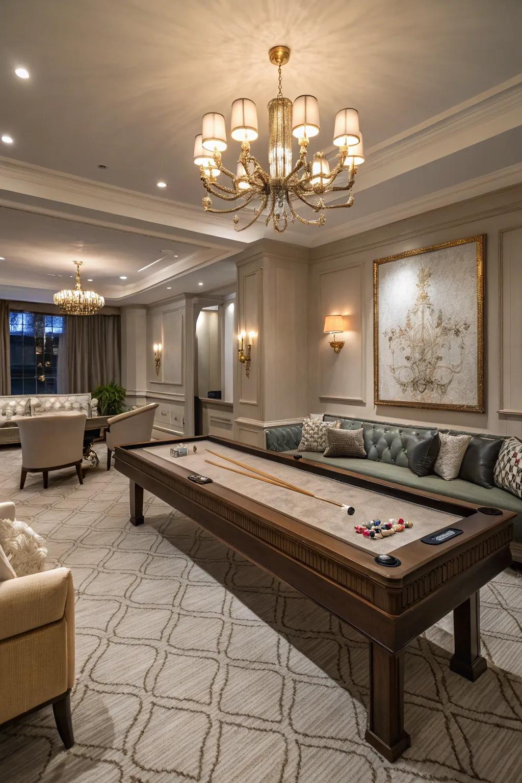 A deck shuffle table delivers a refined gaming option.