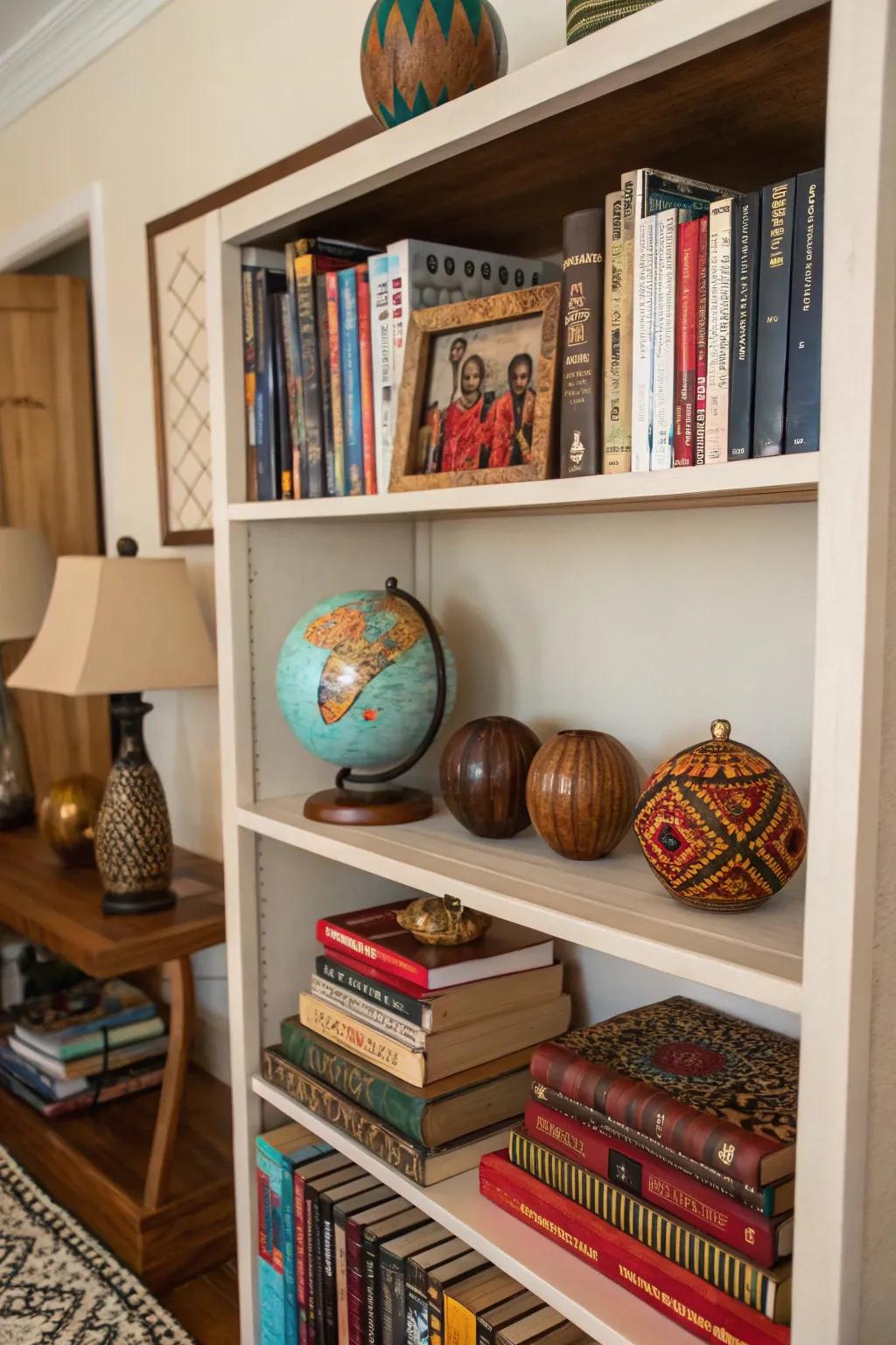 A bookshelf that shares stories of travels and exhibits global treasures.