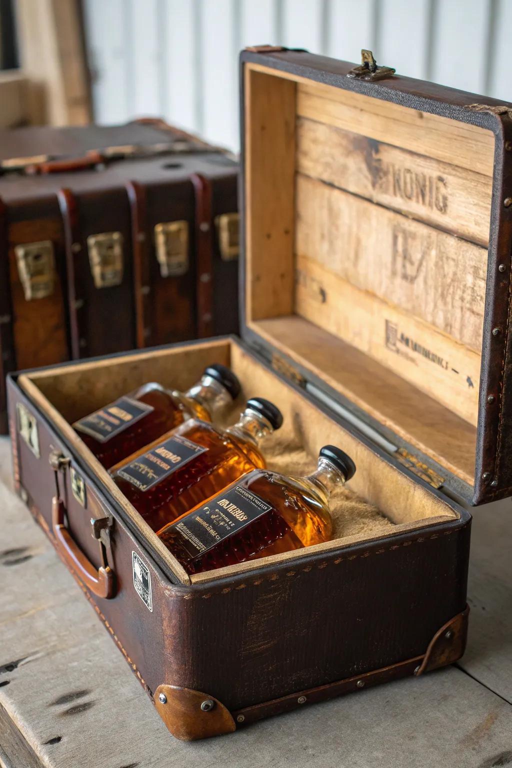A vintage suitcase adds a quirky touch to your bourbon display.