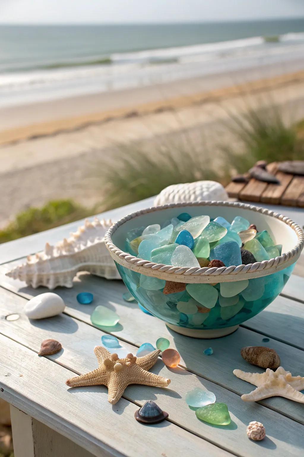 A decorative bowl filled with shimmering seaglass pieces
