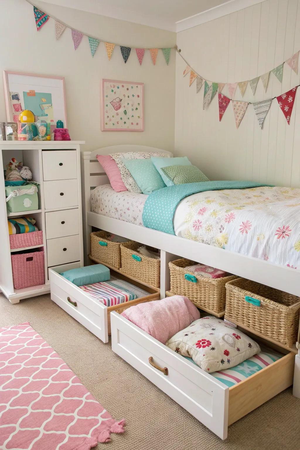 Hidden storage keeps toys and clothes organized and out of sight.