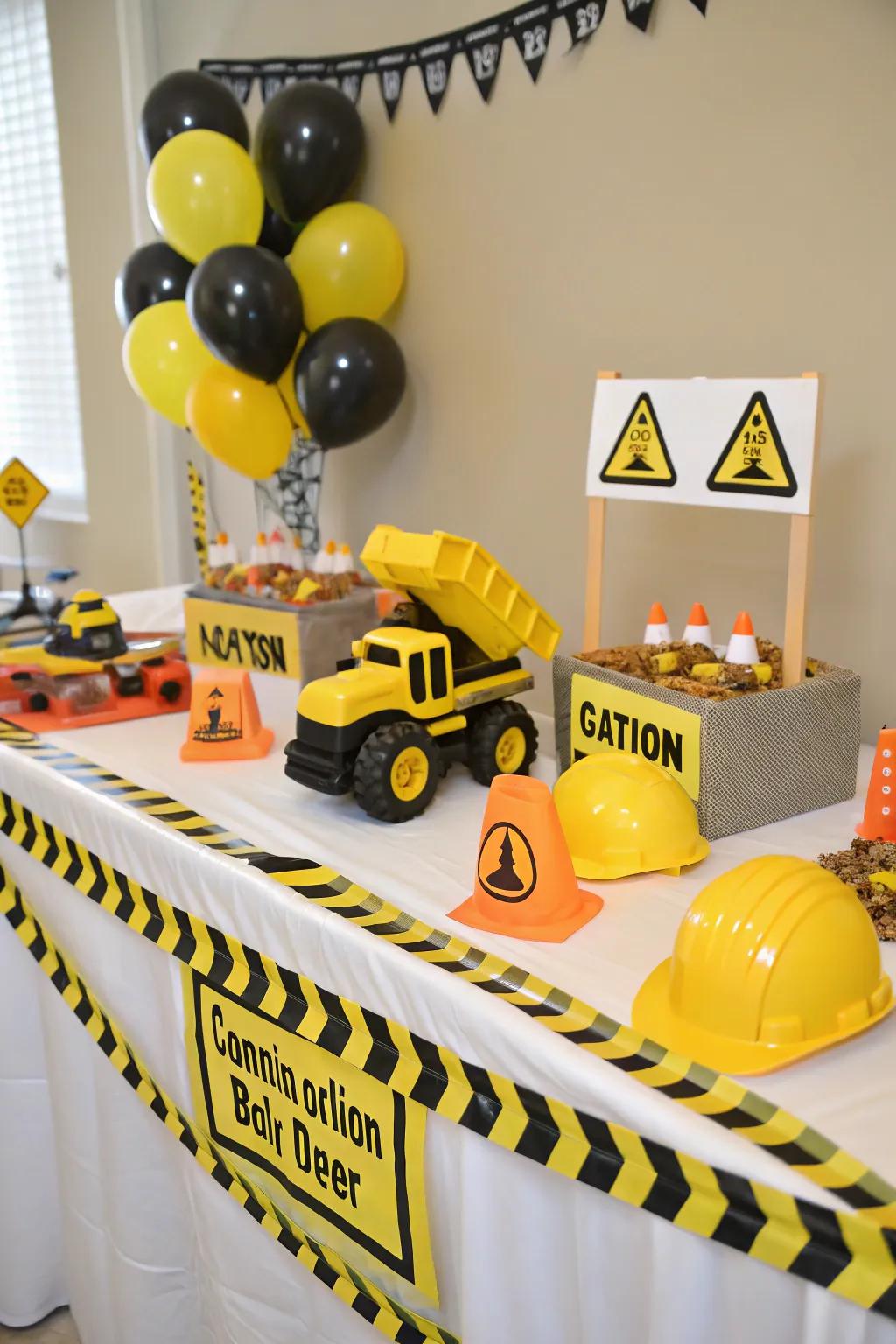 A construction-themed baby shower featuring playful and creative decorations