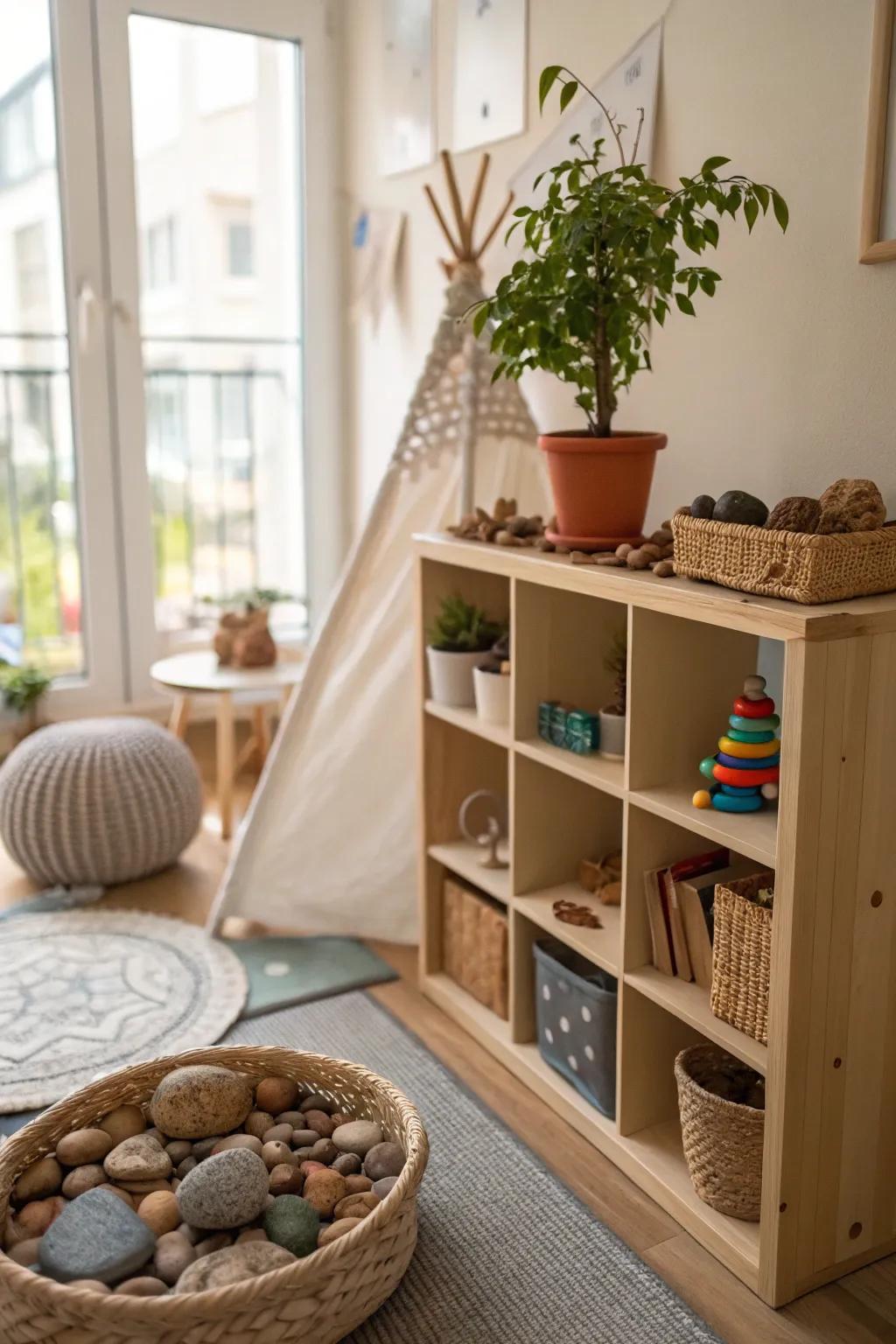 A nature area that brings the outdoors inside for discovery and play.