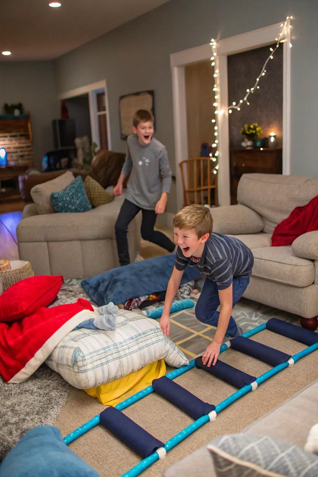 A handcrafted obstacle pathway introduces excitement and fun to the sleepover.