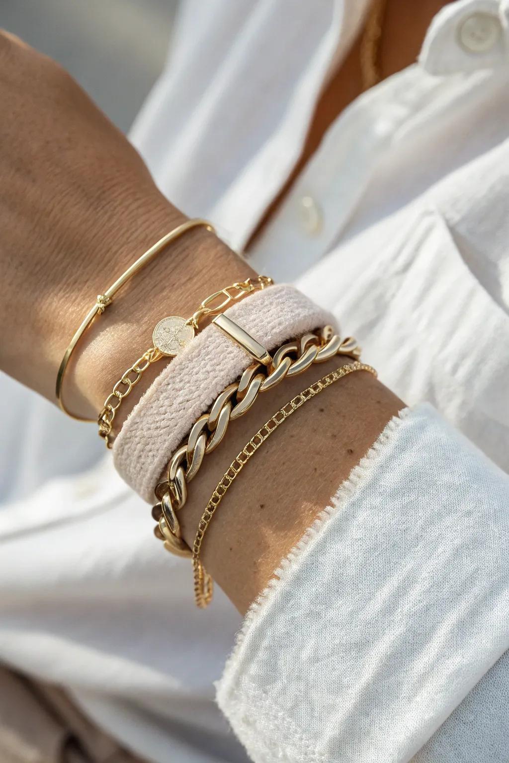 Effortlessly chic: Master the art of bracelet layering with this textured mix.