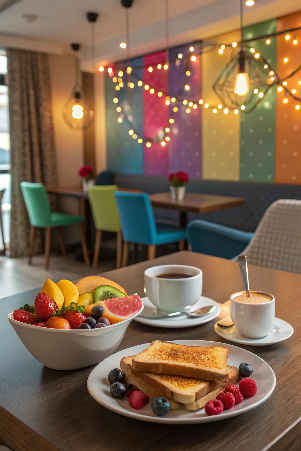 Vivid accent illuminants affixing vibrancy to a breakfast space.