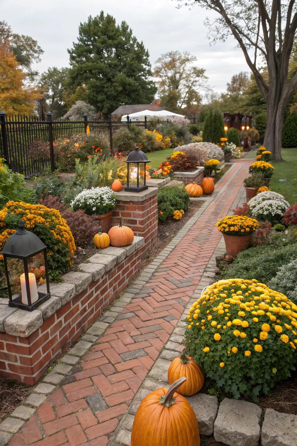 Seasonal ornamentation introduces allure to brick flower beds.
