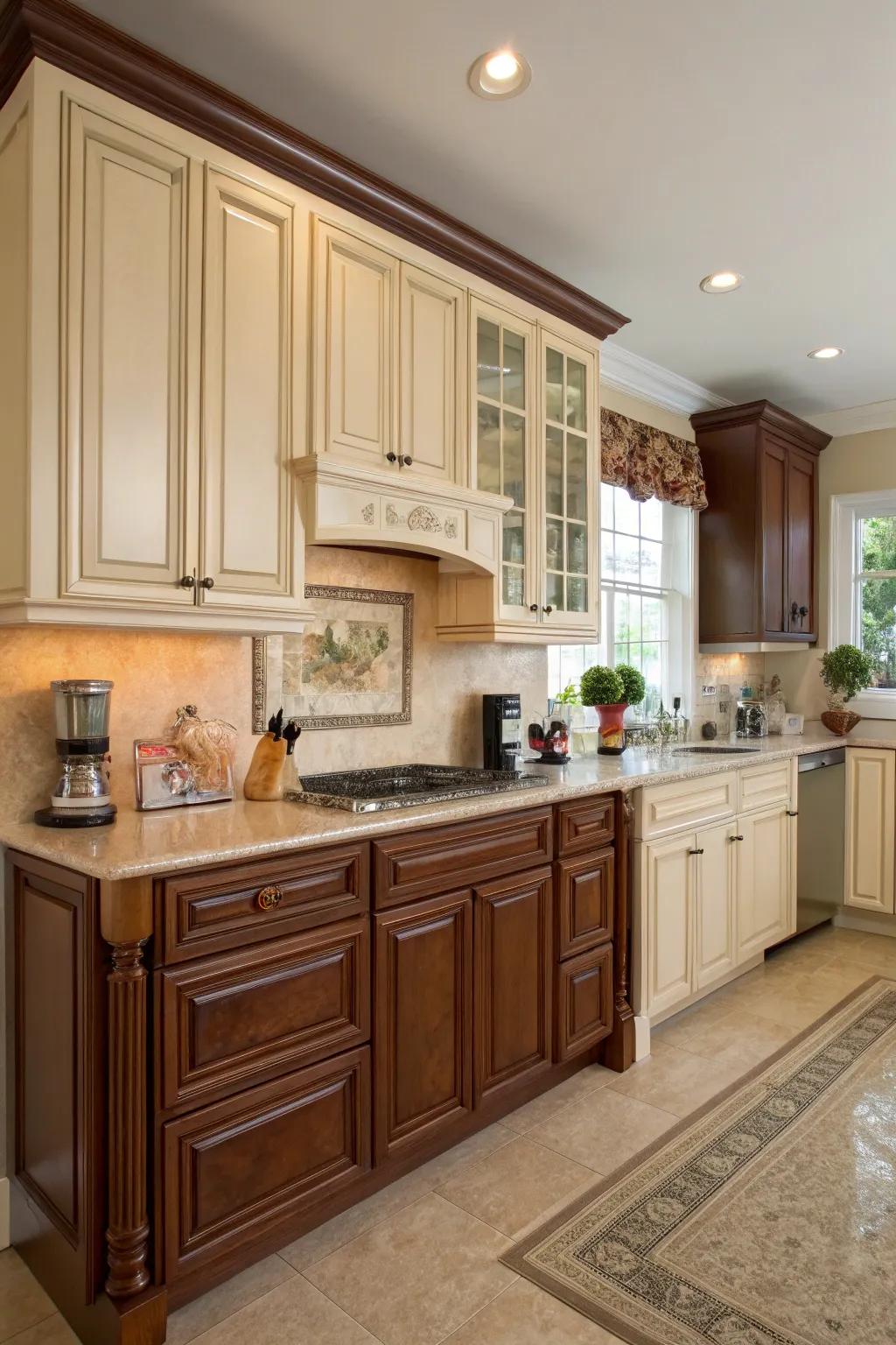 Two-toned cabinetry enriches visual appeal and depth.