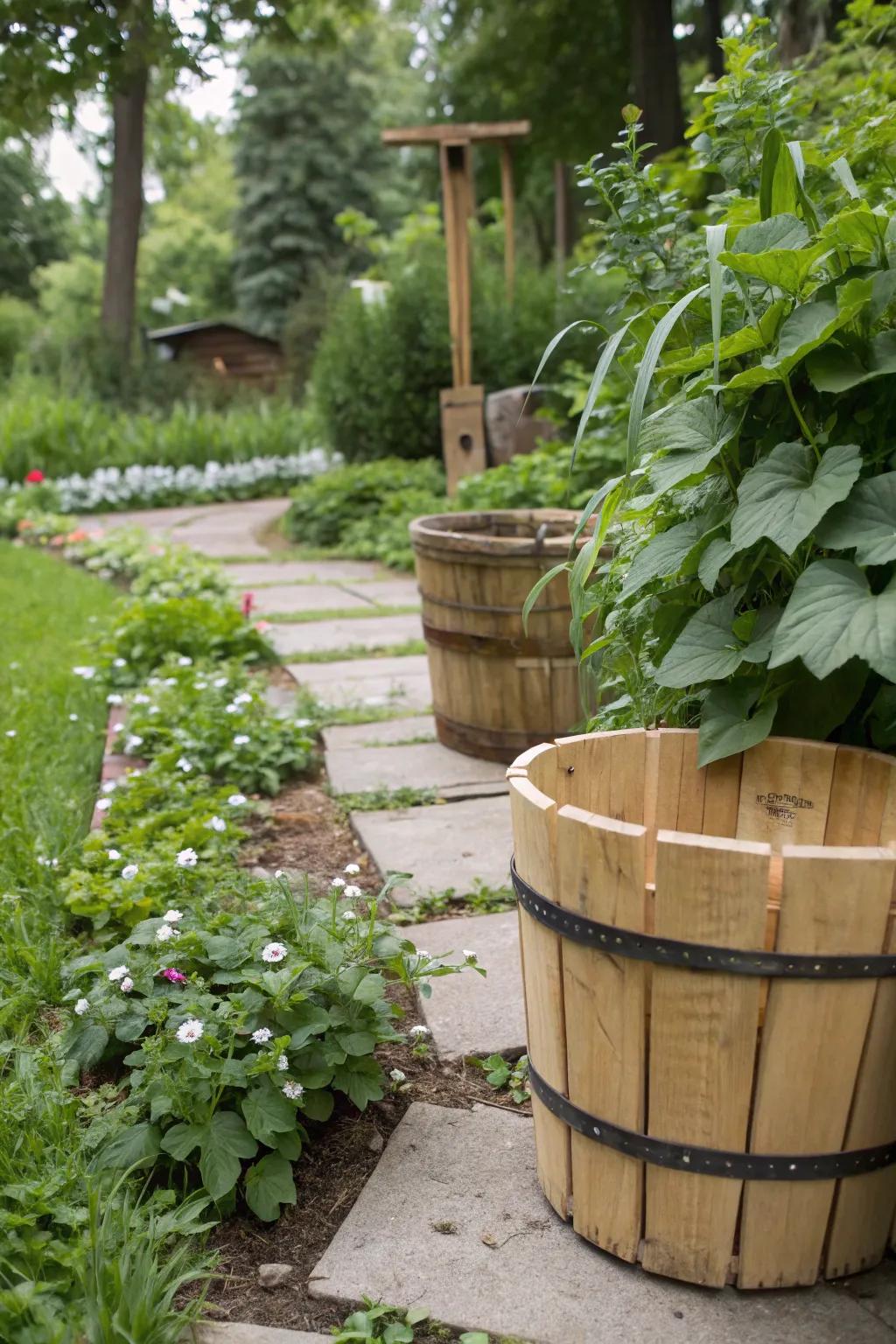 Earthy sensation in any garden because of buckets covered with wooden materials.