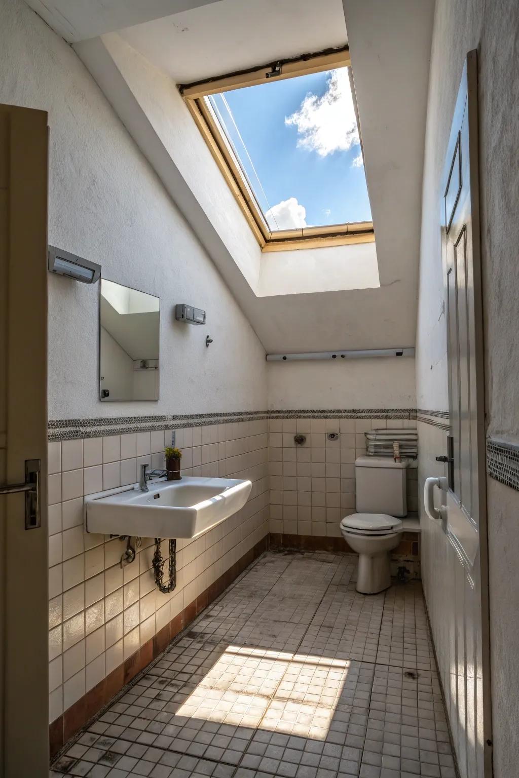 Sunlight brightens this compact bathroom with natural light.
