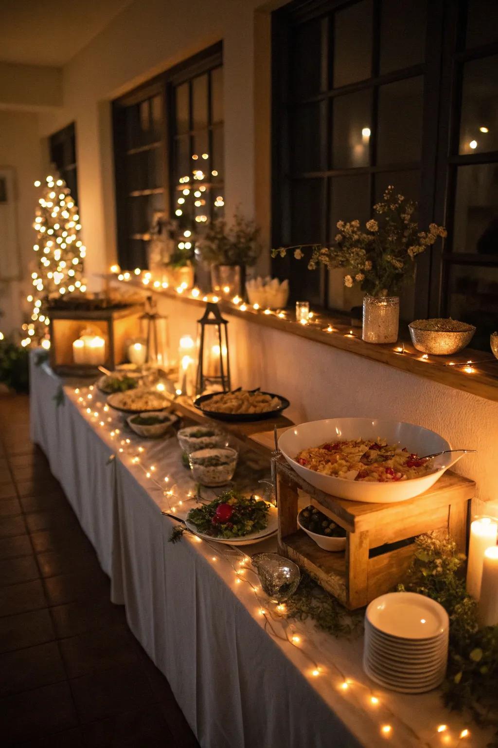 Strategic lighting creates an inviting and magical buffet atmosphere.
